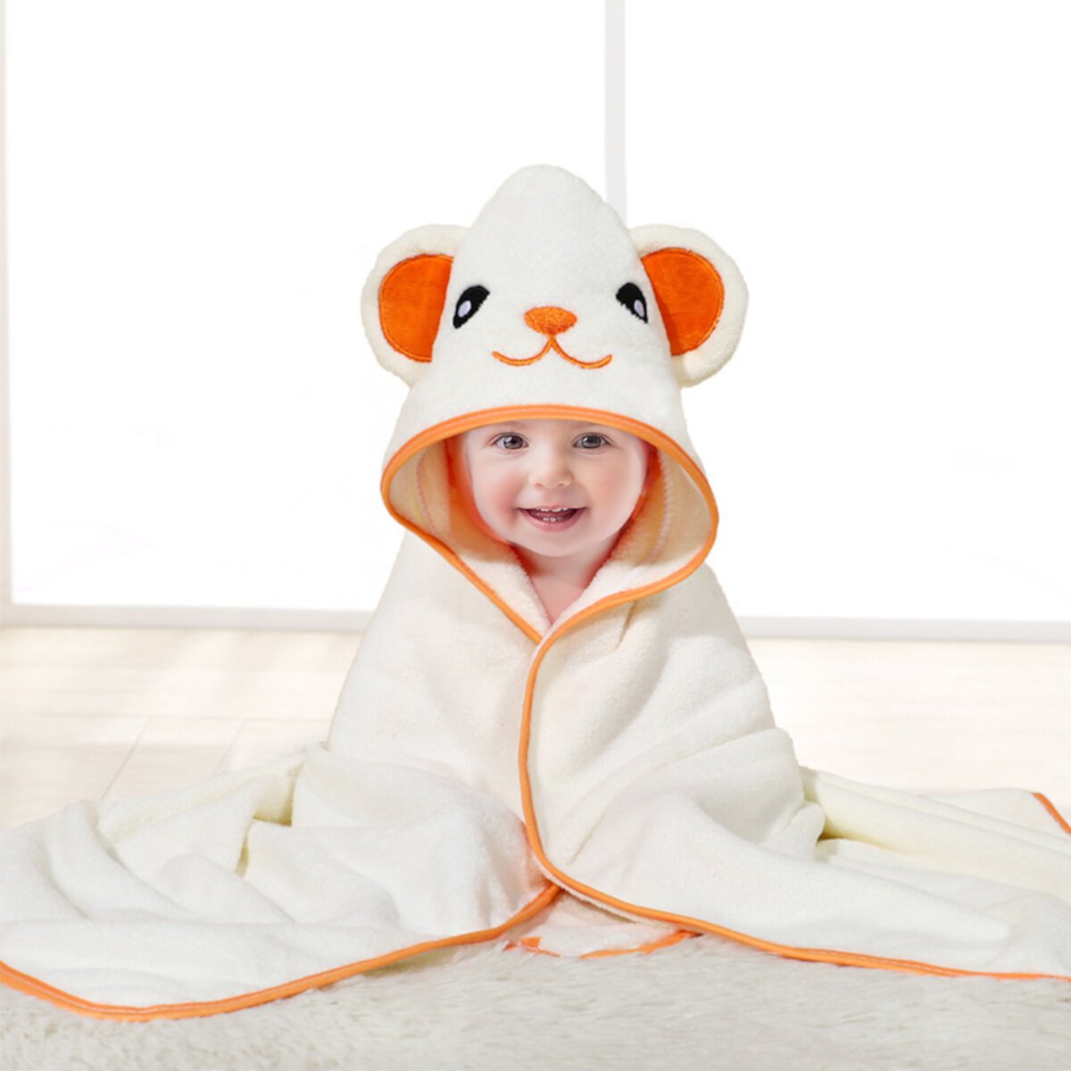 MONEHANE Baby Bath Towel, Absorbent Large Hooded Towel for Kids, Newborn, Babie, Toddler, Infant, Orange Bear, 31.5 x 31.5 inch MONEHANE