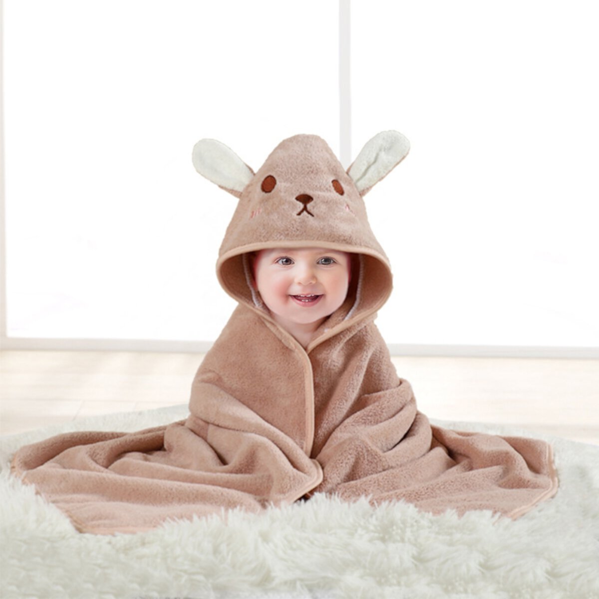 MONEHANE Baby Bath Towel, Absorbent Large Hooded Towel for Kids, Newborn, Babie, Toddler, Infant, Brown Rabbit, 31.5 x 31.5 inch MONEHANE