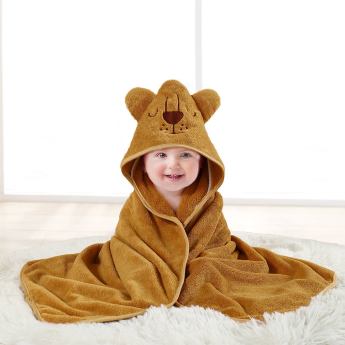 MONEHANE Baby Bath Towel, Absorbent Large Hooded Towel for Kids, Newborn, Babie, Toddler, Infant, Lion, 31.5 x 31.5 inch MONEHANE