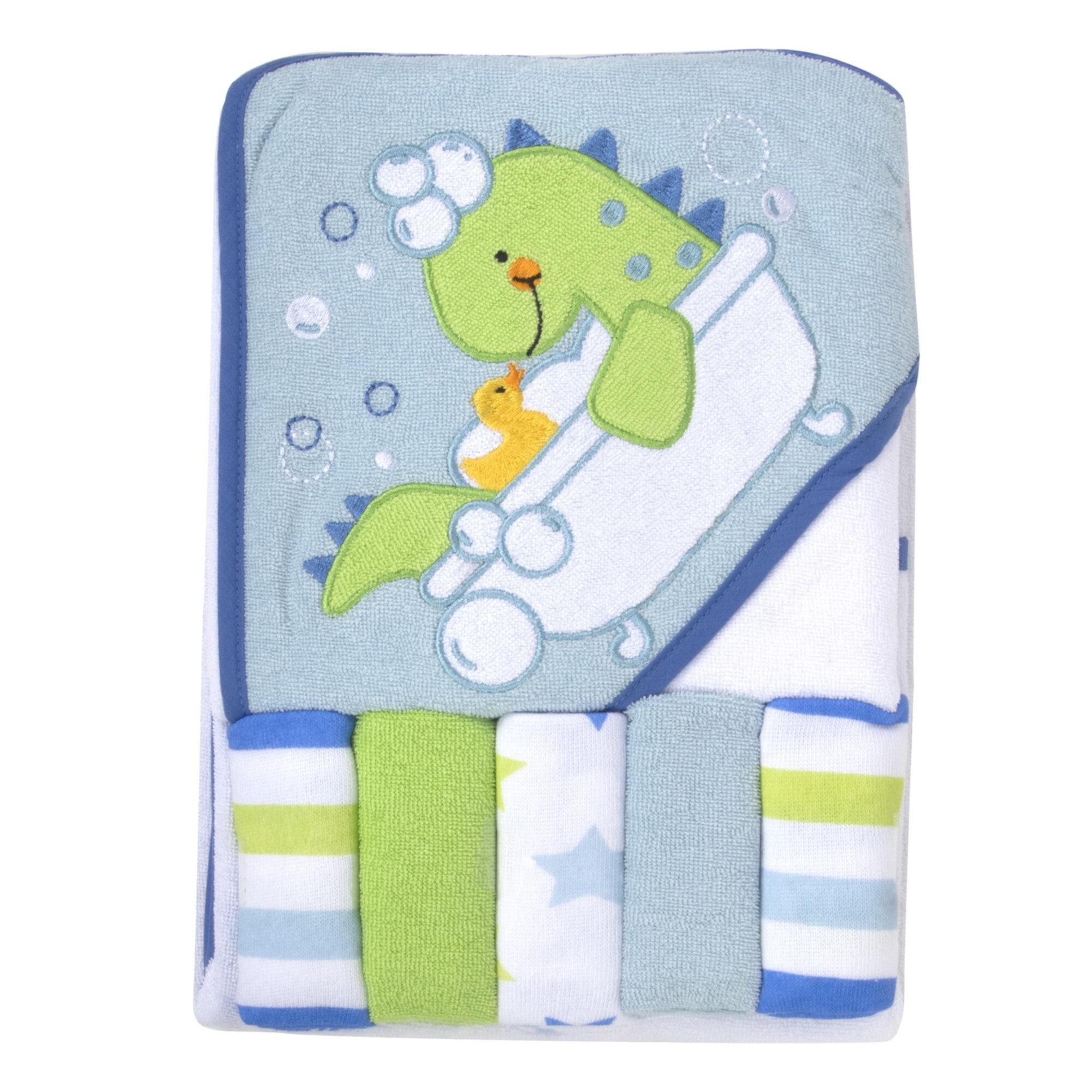 Baby Essentials 6 Piece Embroidered Hooded Cotton Bath Towel and Washcloth Set for Infants, Newborns and Toddlers 6 – 12 Months for Bath Time, Showers, Lounge, Beach and Pool in Refreshed Rex Baby Essentials