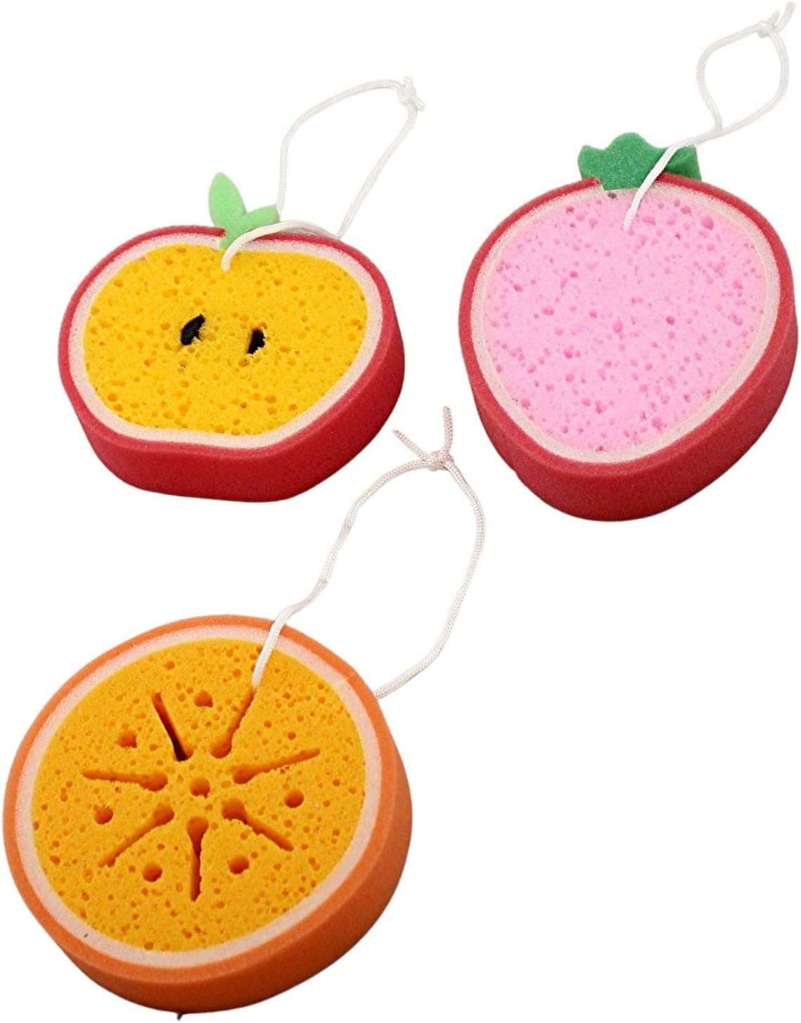 Dependable Industries Luxury Bath Sponge 3-Pack - Fruit Design Loofahs with Hanging Rope for Enhanced Lather - Soft, Exfoliating Shower Poufs Dependable Industries