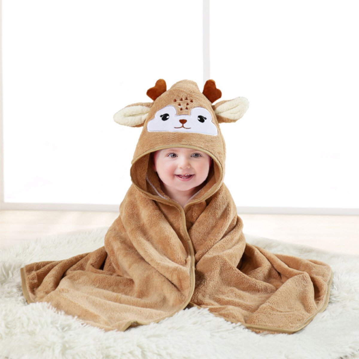 MONEHANE Baby Bath Towel, Absorbent Large Hooded Towel for Kids, Newborn, Babie, Toddler, Infant, Brown Elk, 31.5 x 31.5 inch MONEHANE