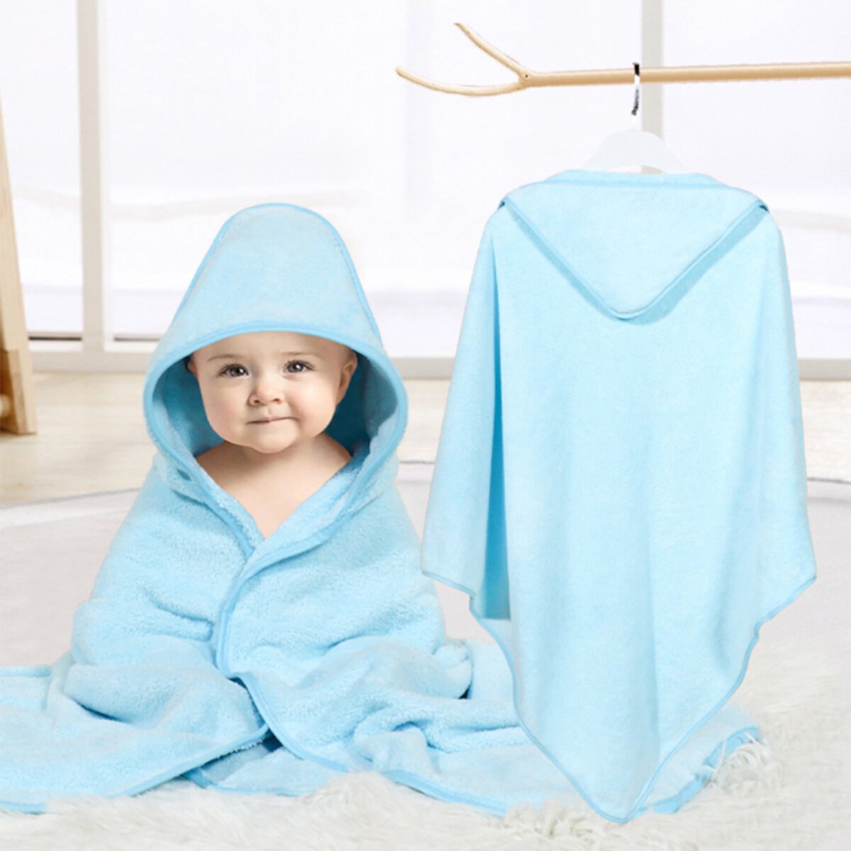 MONEHANE Baby Bath Towel, Absorbent Large Hooded Towel for Kids, Newborn, Babie, Toddler, Infant, Pure Blue, 31.5 x 31.5 inch MONEHANE