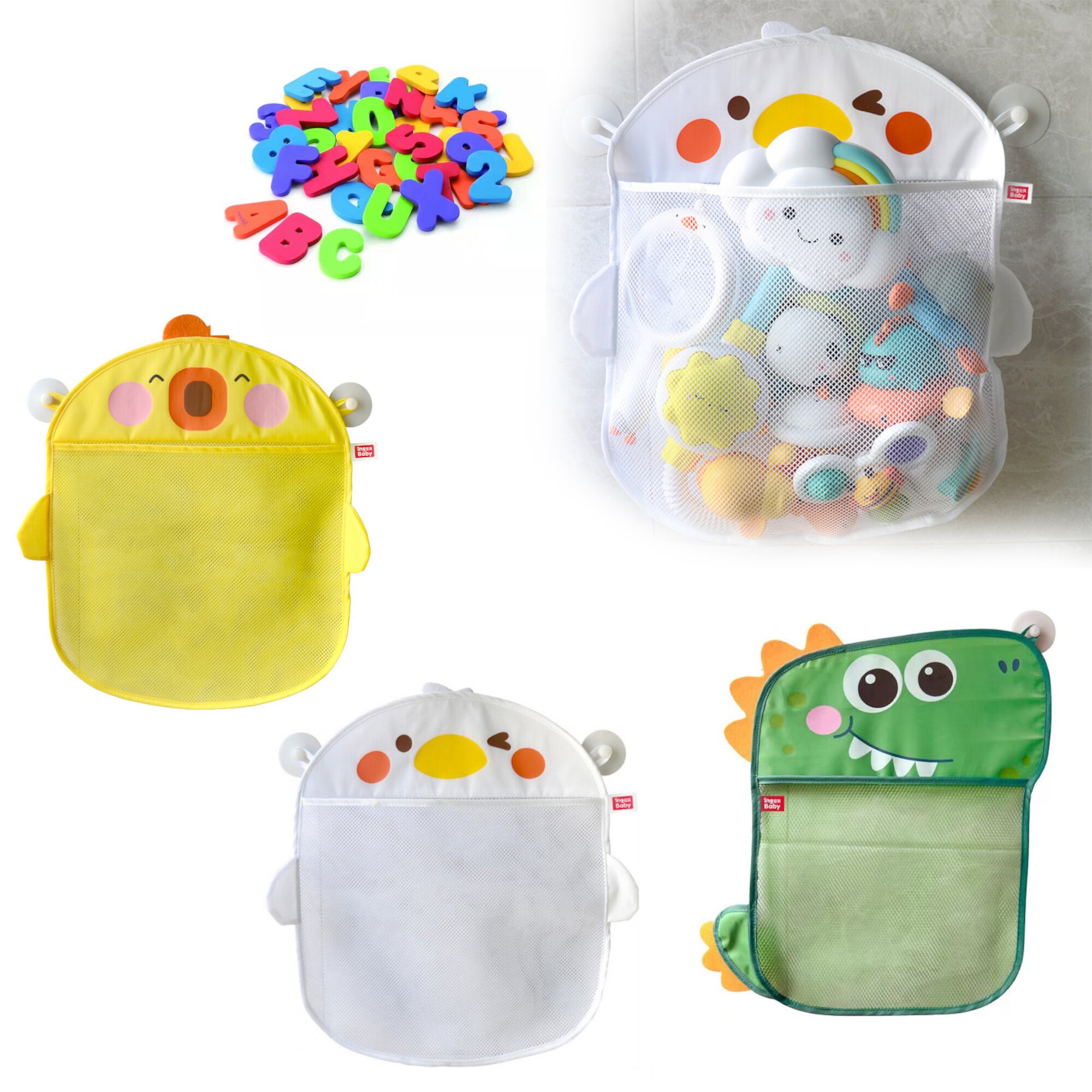 Bath Toy Storage x 3 + 6 Ultra Strong Suction Cups,Baby Bath Toy Organizer for Bath,Animal Shaped Mesh Bag and 36 Alphanumeric Toys,for Kids and Toddlers Yuanjian