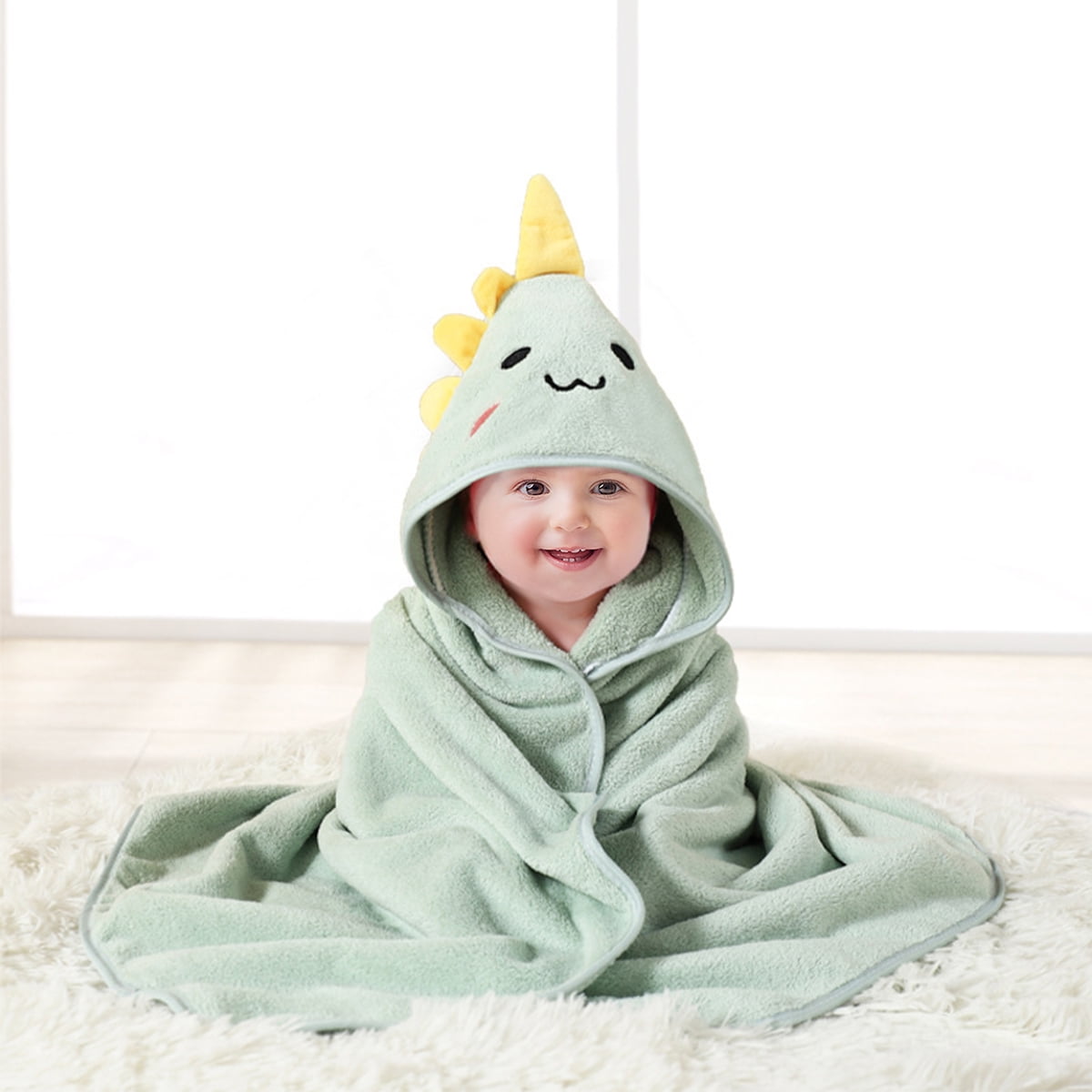 MONEHANE Baby Bath Towel, Absorbent Large Hooded Towel for Kids, Newborn, Babie, Toddler, Infant, Green Dinosaurs, 31.5 x 31.5 inch MONEHANE