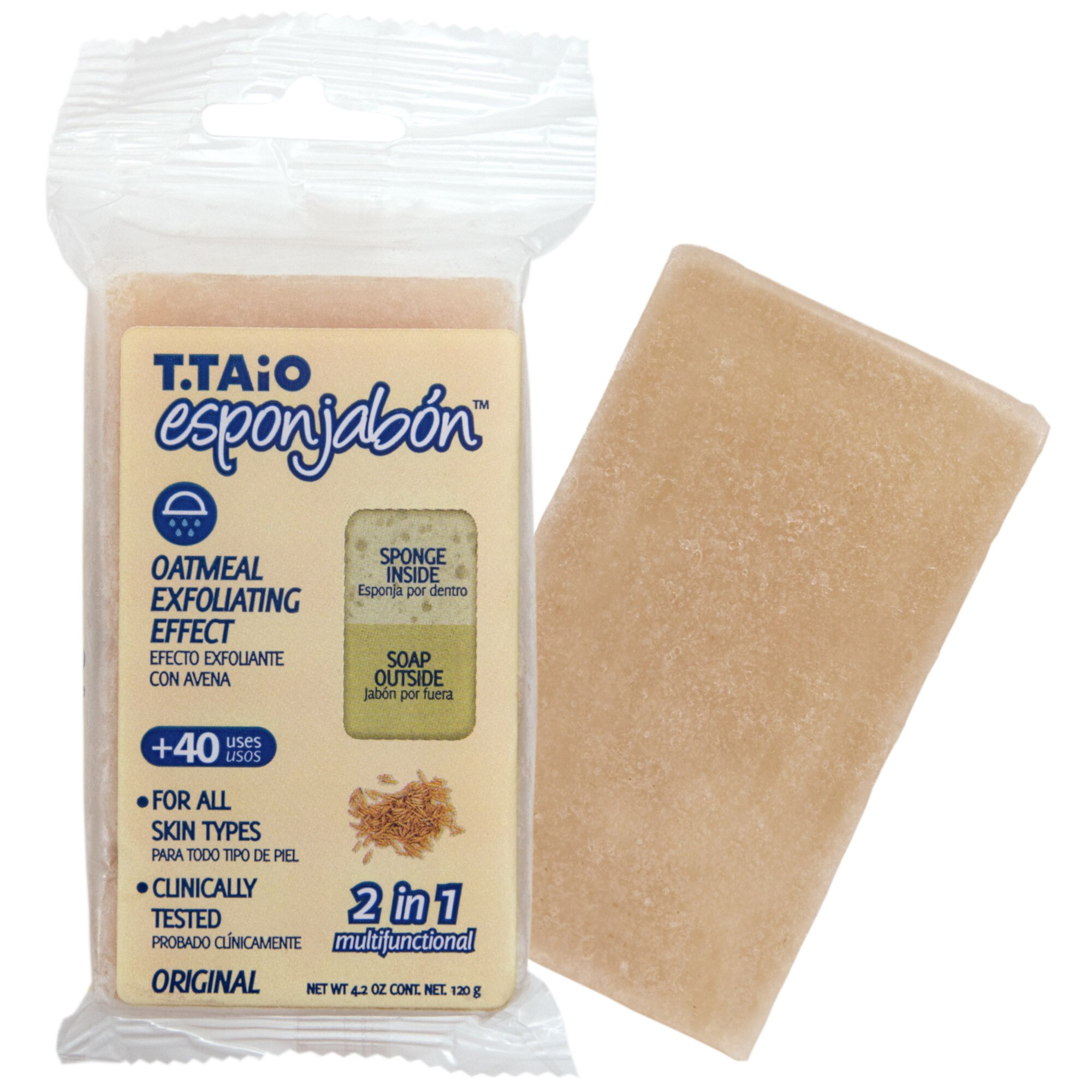 T.Taio Esponjabon Body Cleansing Sponge Infused with Soap, Oatmeal, Exfoliating Effect, 4.2 oz T. Taio