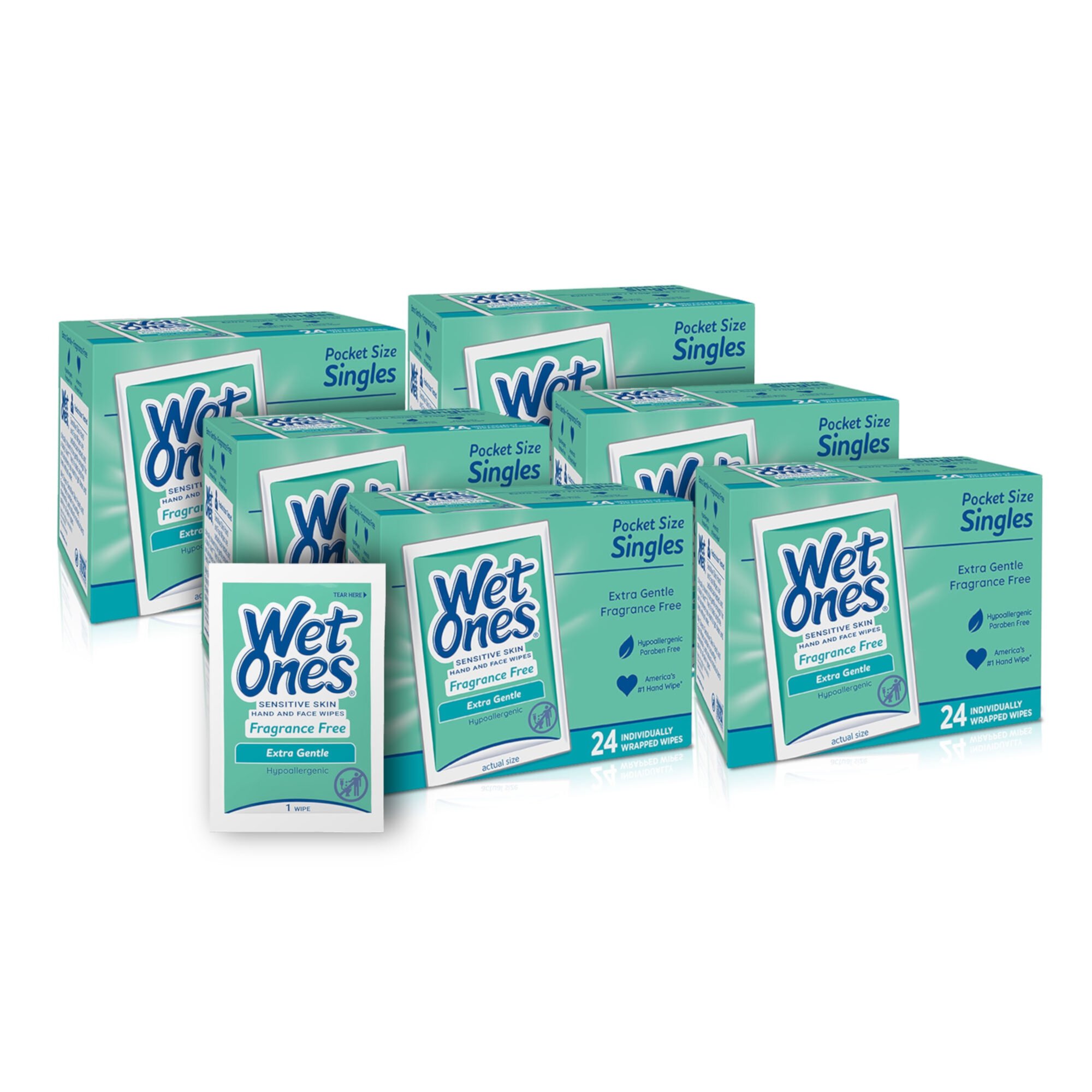 Wet Ones Sensitive Skin Hand Wipes, Fragrance Free/Unscented, 24 Ct Singles 6 Pack, 144 Total Wipes Wet Ones