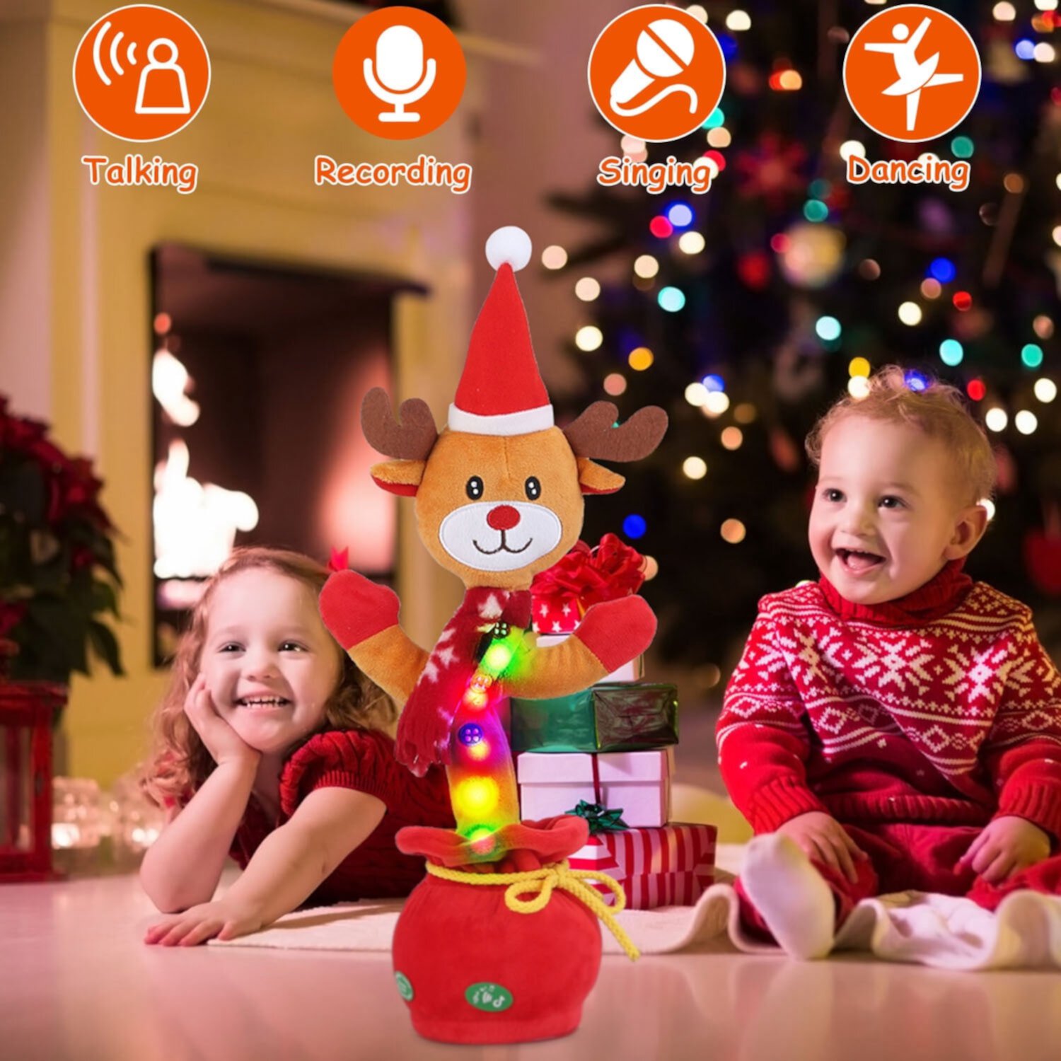 TeqHome Dancing Singing Christmas Elk Toy, Whirling Light up Toy, Mimicking Recording Repeating What You Say, Gift for Baby Boys and Girls TeqHome