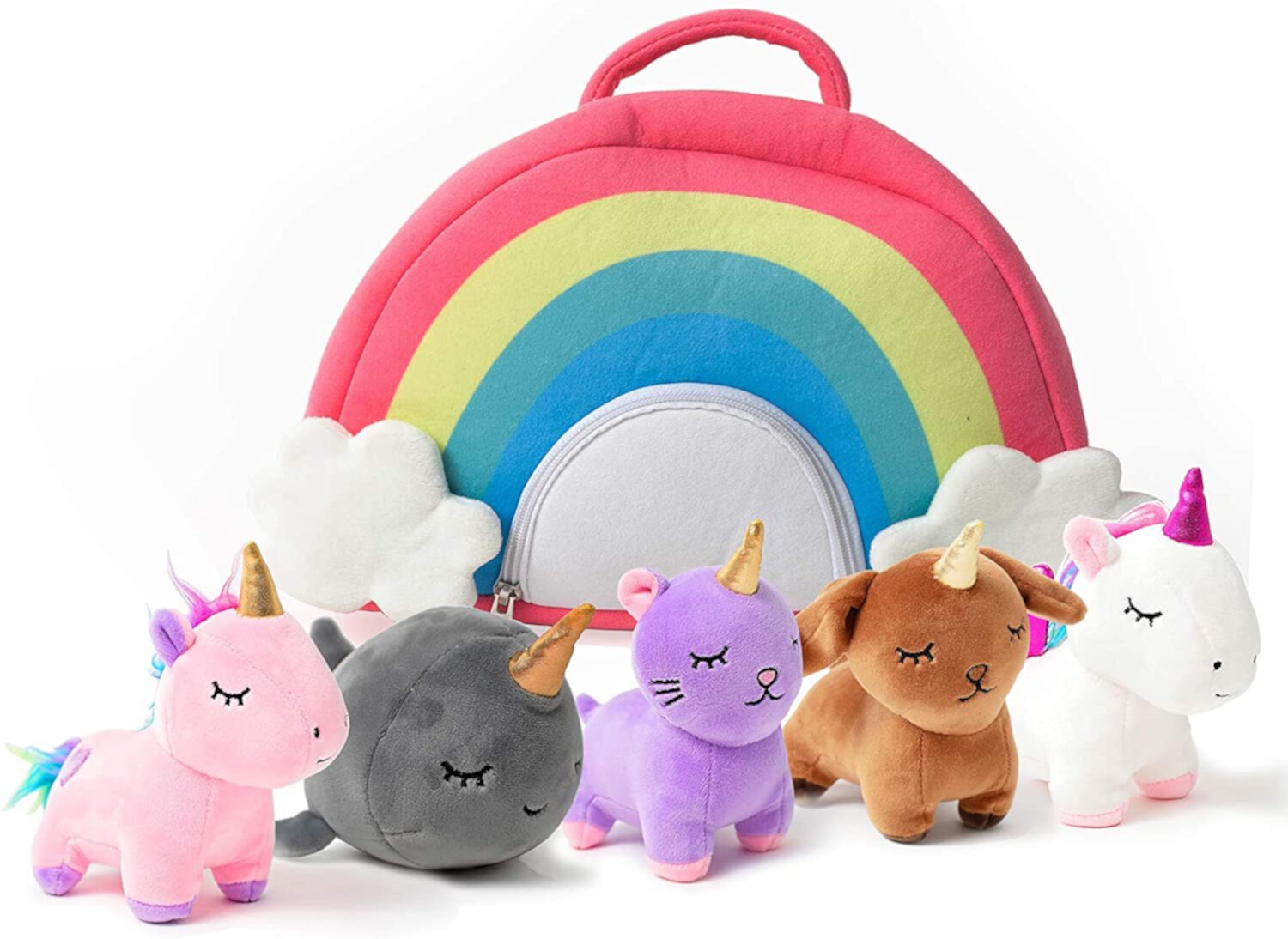 Pixie Crush Unicorn Toys Stuffed Animal Gift Plush Set with Rainbow Case – 5 Piece Stuffed Animals with 2 Unicorns, Kitty, Puppy, and Narwhal – Toddler Gifts for Girls Aged 3, 4, 5 ,6 ,7, 8 yr olds Pixiecrush