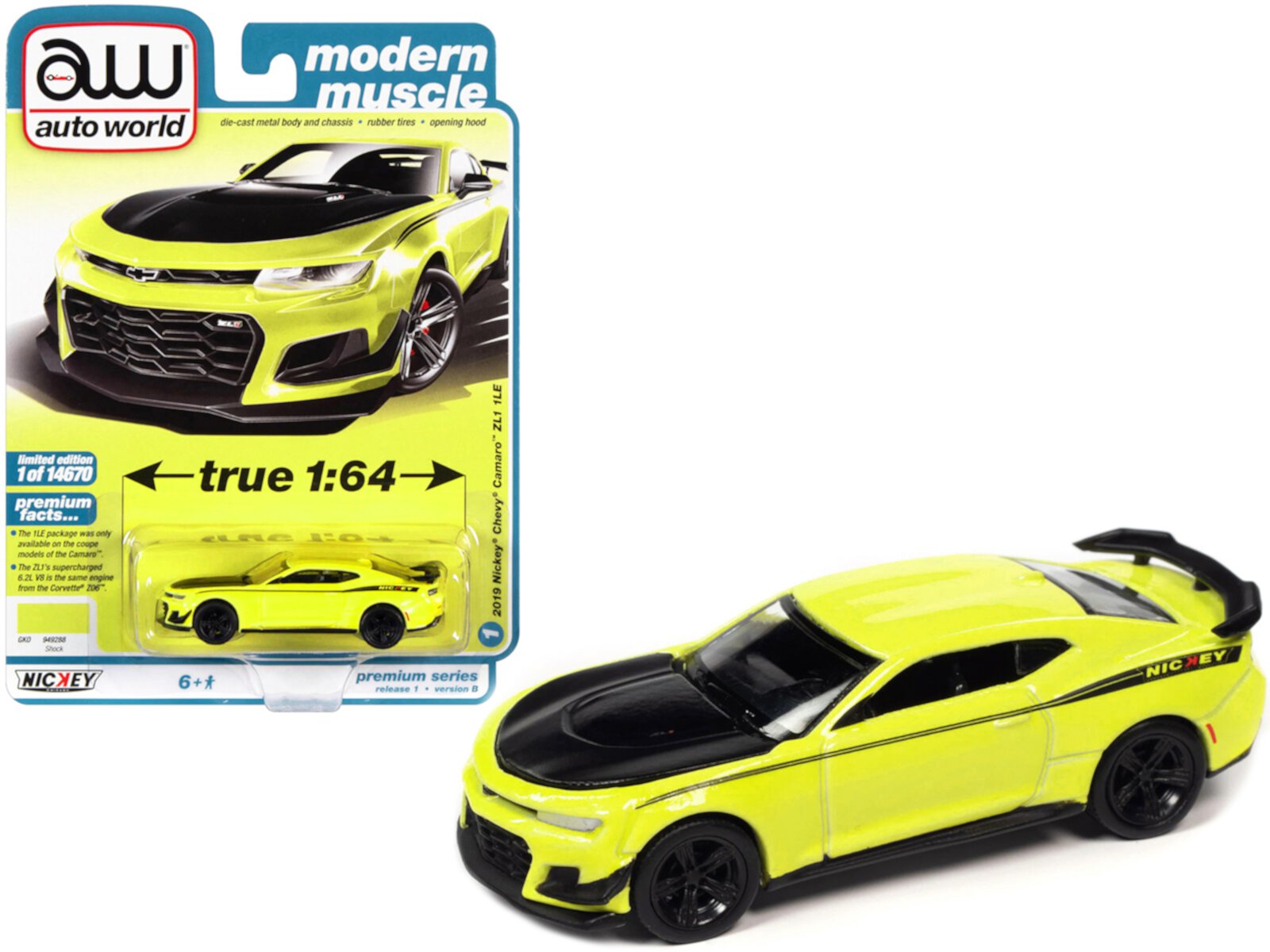 2019 Chevrolet Camaro Nickey ZL1 1LE Shock Yellow w/Matt Black Hood & Stripes 14670 pcs 1/64 Diecast Model Car by Auto World Auto World