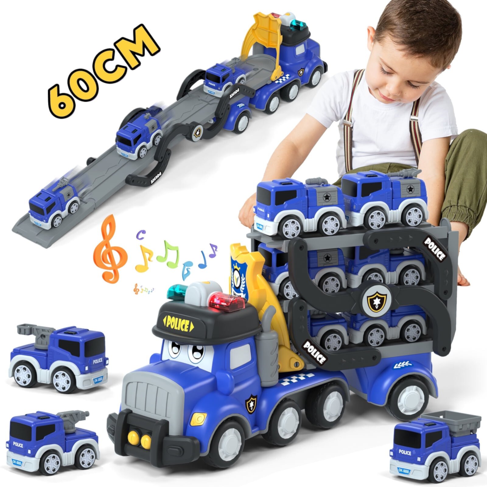 Toddler Boy Toys, Police Truck Toys Cars for 2 Year Old Boys w/Lights & Siren, Toy Trucks Transport Car, 3-layer Carrier Truck with 6 Police Cars, Race Track, Best Birthday Gift for Boys Girls KWANITHINK