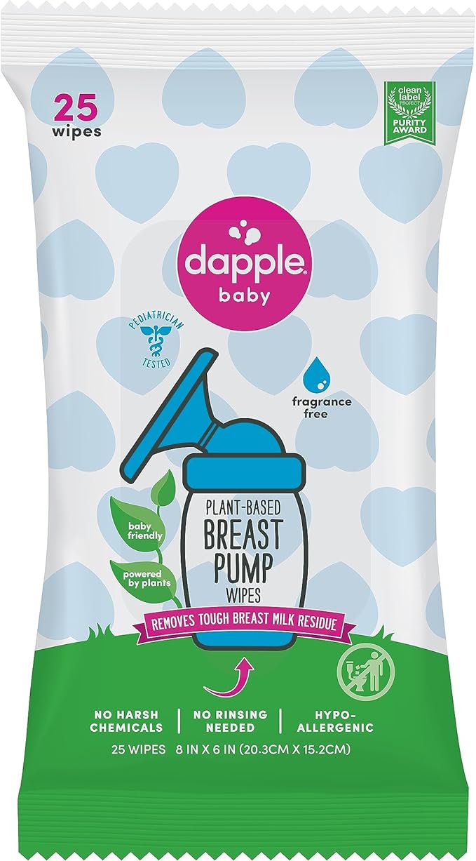 Breast Pump Wipes by Dapple Baby, 25 Count, Fragrance Free, Plant Based & Hypoallergenic Breast Pump Wipes - Removes Milk Residue, Leaves No Taste - Convenient Wipes Pouch Dapple