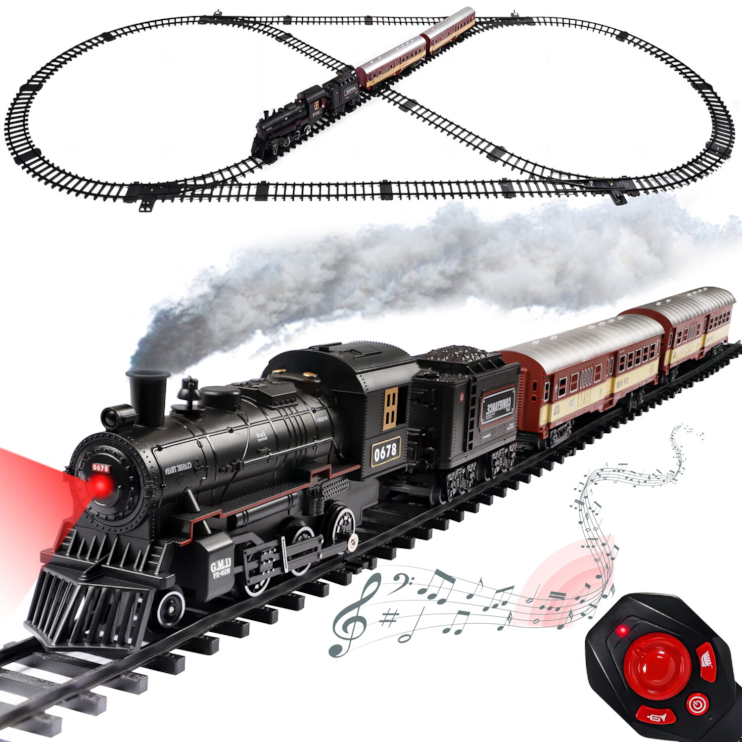 JBee Ctrl Train Set with Remote Control Train Track Around Christmas Tree with Smokes, Lights & Sound Steam Locomotive Engine Train Toy Christmas and Birthday Gift for 4 5 6 7 8+ Years Old Boys Girls JBeeCtrl