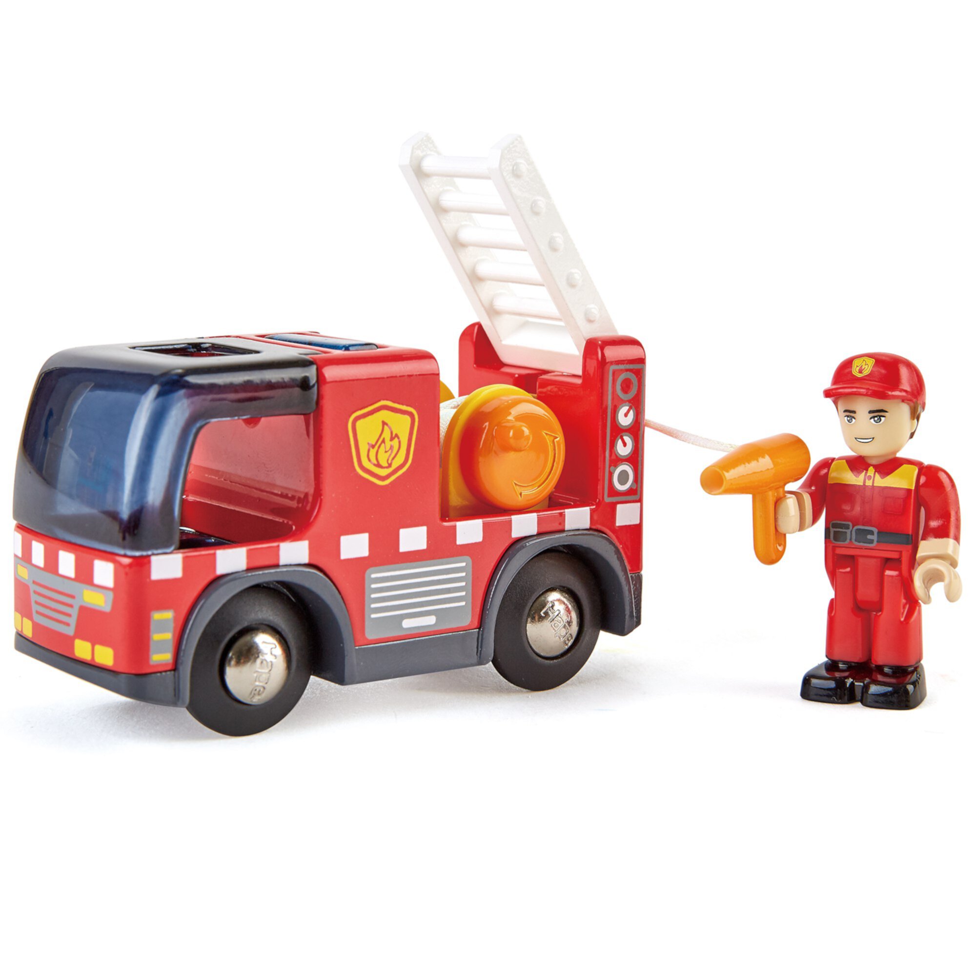 Hape: Light & Sound: Fire Truck With Siren - Red - Engine Toy Recue Vehicle, Firefighter Figurine, Hose Reel & Ladder, Kids Ages 3+ Hape