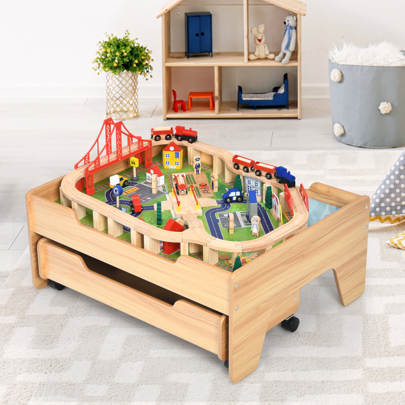 Infans Kids Wooden Train Track Railway Set Table w/100 Pieces Storage Drawer INFANS