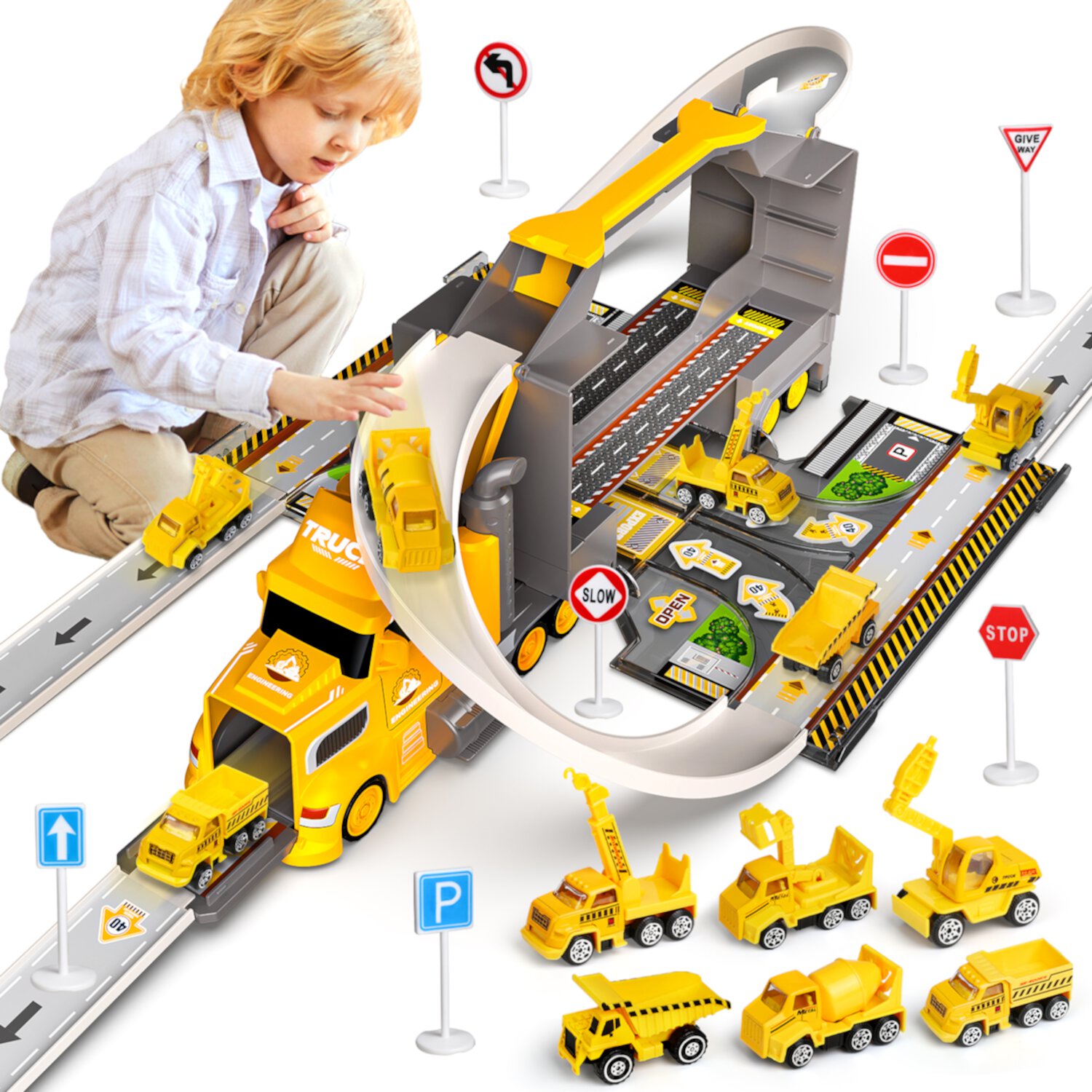 Huge Wave Construction Trucks for Toddlers Race Track Play set, 7in1 Construction Toys in Transport Car Carrier,Kids Construction Toys Christmas Birthday Gifts for Boys Girls 5-7(Yellow) Huge Wave