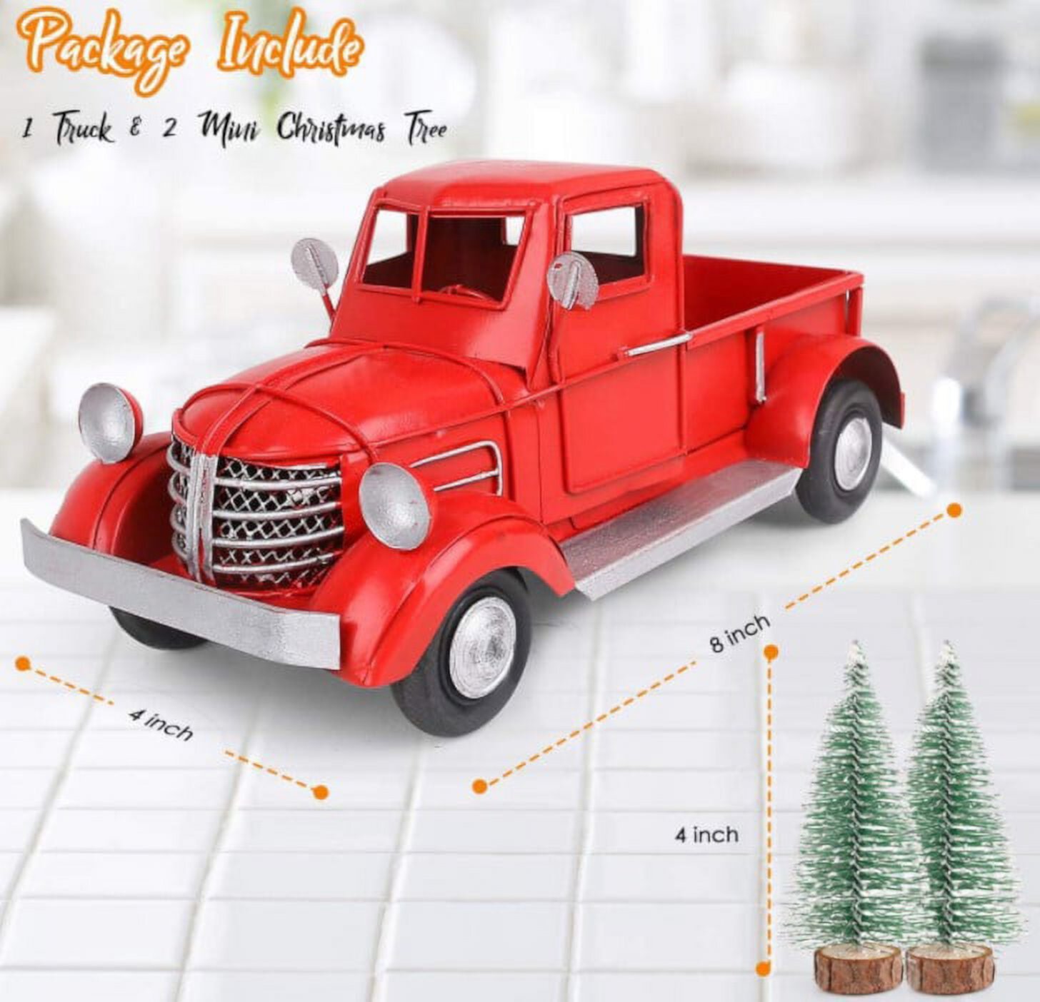 Red Truck with Christmas Tree, Red Pickup Vintage Truck Christmas Decor with Lights Metal Truck Car Model 6.5'' Christmas Red Truck Decor Autrucker