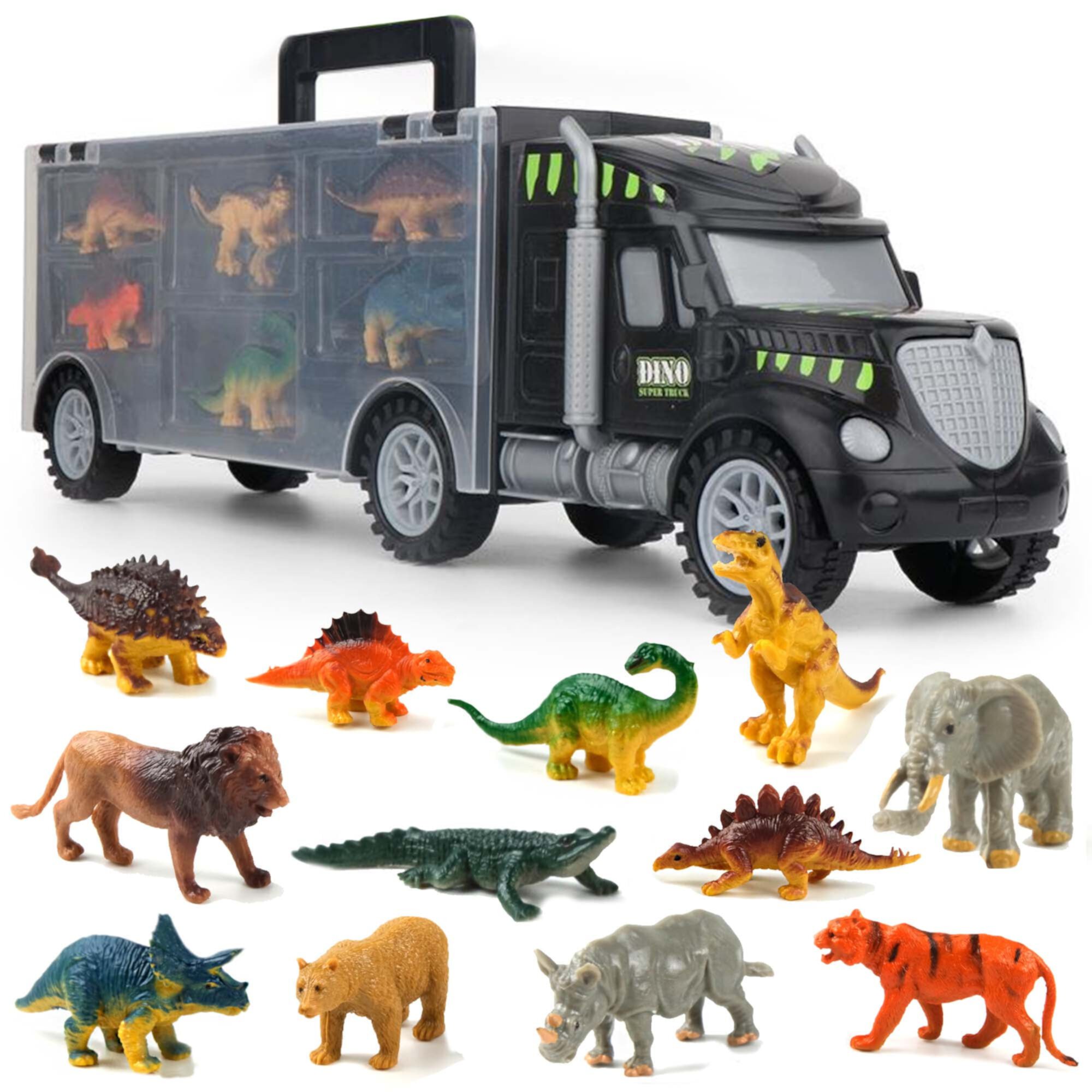 Richgv Dinosaur Truck Toys for Kids, Toddler Toys Dinosaur Truck Carrier Toy with 6 Dinosaurs 6 Wild Animals, Dinosaur Toys for Boys Girls 3 4 5 6 Year Richgv