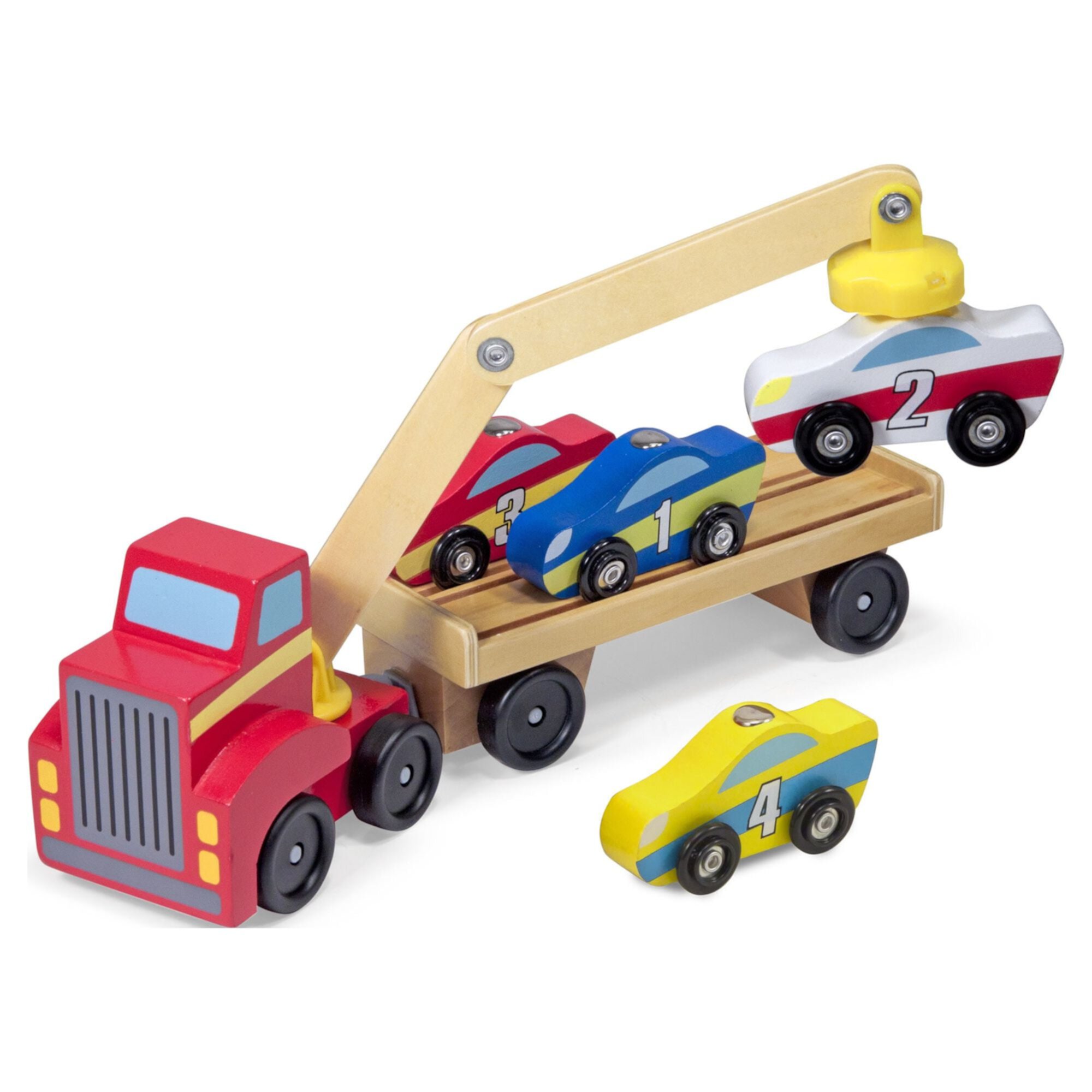 Melissa & Doug Magnetic Car Loader Wooden Toy Set With 4 Cars and 1 Semi-Trailer Truck Melissa & Doug