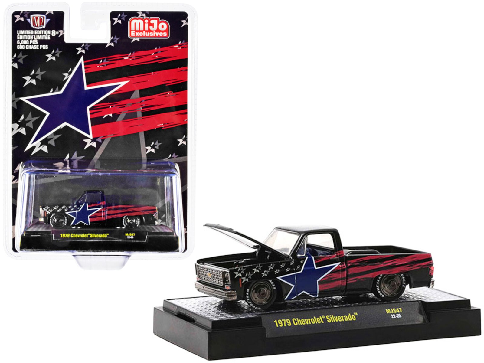 1979 Chevrolet Silverado Pickup Truck Black w/Stars & Stripes Graphics Ltd Ed to 6000 pcs 1/64 Diecast Model Car by M2 Machines M2 Machines