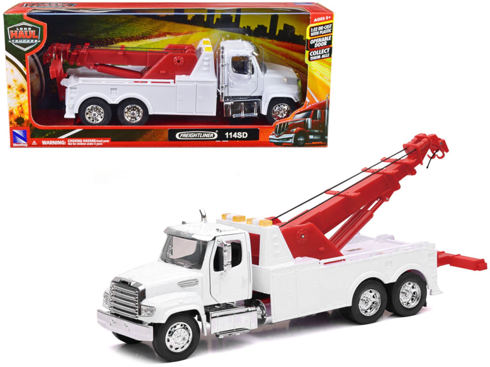 Freightliner 114SD Tow Truck White and Red "Long Haul Trucker" Series 1/32 Diecast Model by New Ray New Ray Toys