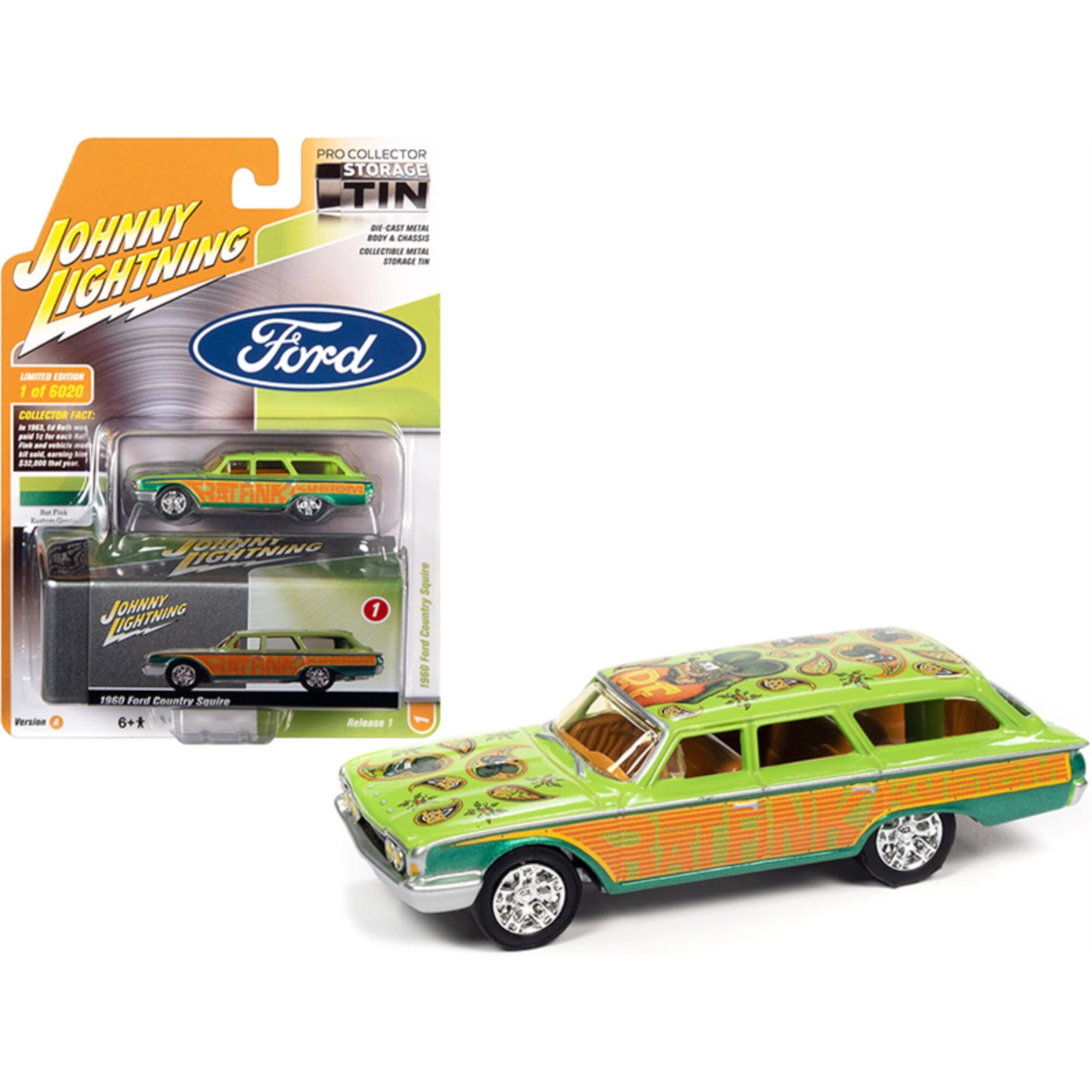 1960 Ford Country Squire Rat Fink Green  Orange w/Graphics  Collector Tin Ltd Ed 6020 pcs 1/64 Diecast Car by Johnny Lightning Johnny Lightning