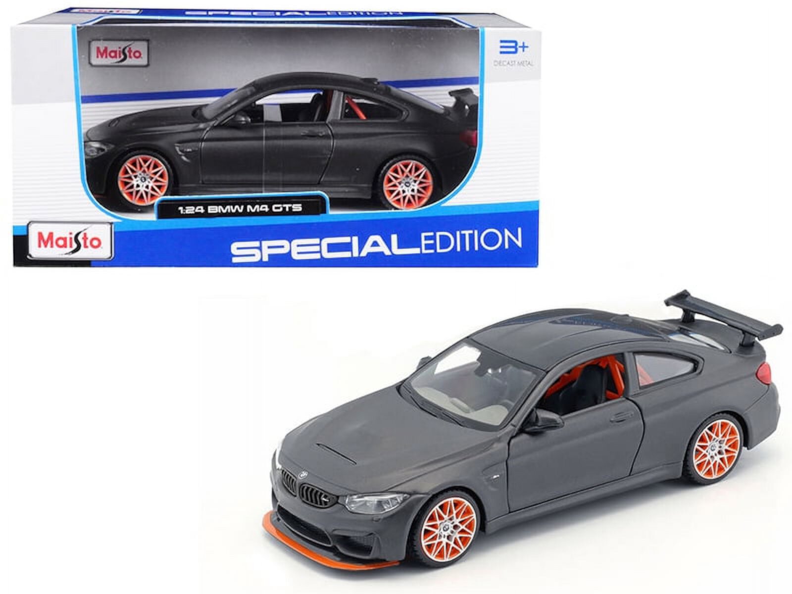 Maisto  BMW M4 GTS Gray with Carsbon Top & Orange Wheels 1 by 24 Die-Cast Model Cars Maisto