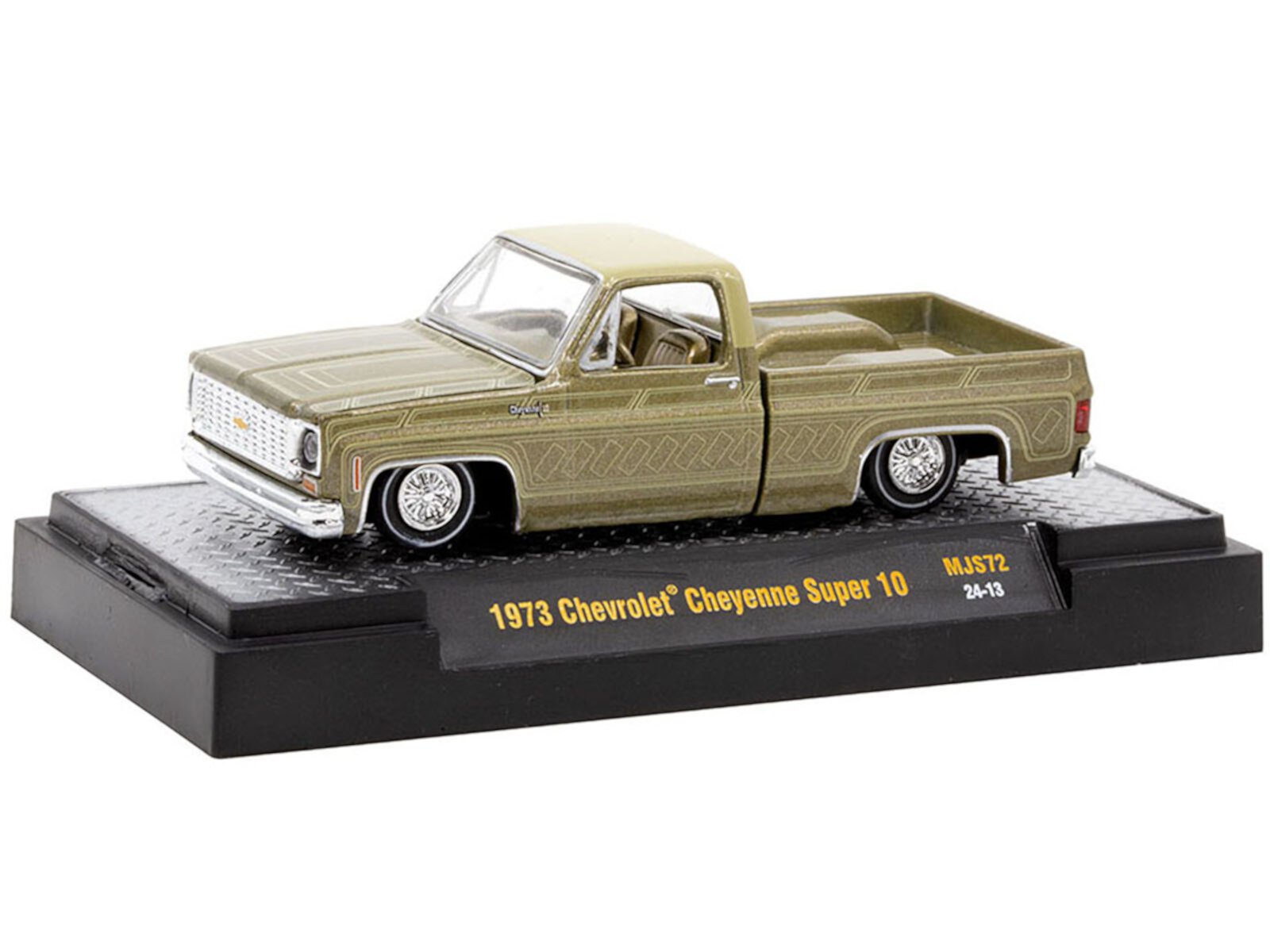 Diecast 1973 Chevrolet Cheyenne Super 10 Pickup Truck Gold Metallic with Graphics "Lowriders" Limited Edition to 7700 pieces Worldwide 1/64 Diecast Model Car by M2 Machines M2 Machines