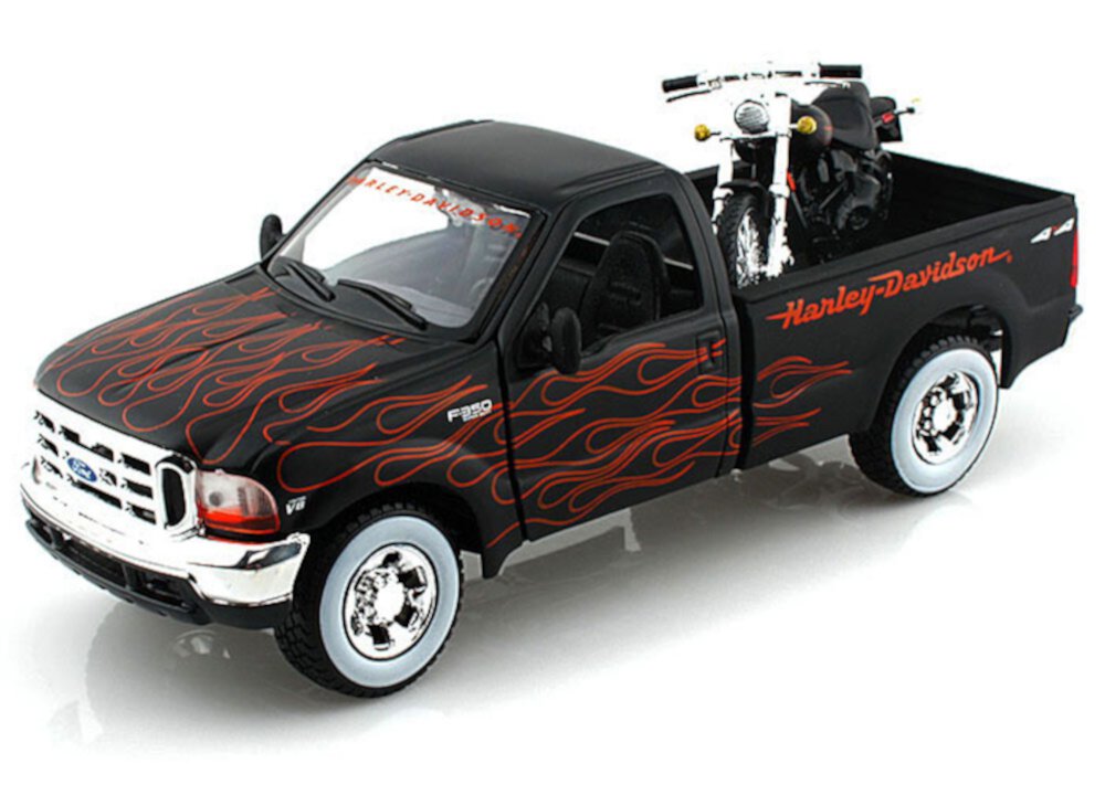 1999/2002 Ford F-350 Super Duty Pickup Harley-Davidson / FXSTB Night Train Motorcycle, Black w/ Flames - Maisto HD 32181 - 1/27 scale /1/24 Scale Diecast Model Toy Car & Motorcycle Maisto