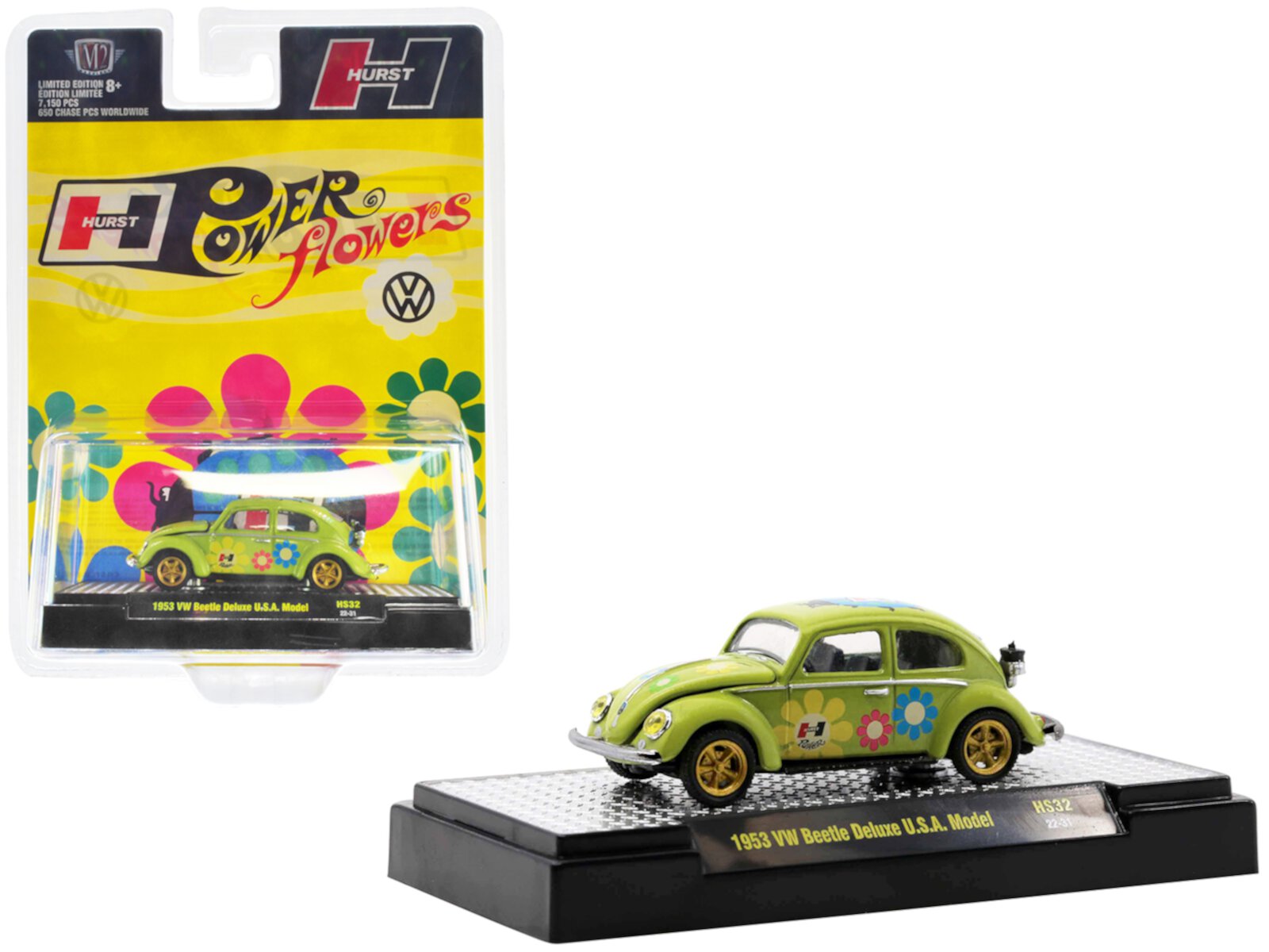 1953 Volkswagen Beetle Deluxe U.S.A. Model Lime Green Met. w/Graphics Ltd Ed to 7150 pcs 1/64 Diecast Model Car by M2 Machines M2 Machines