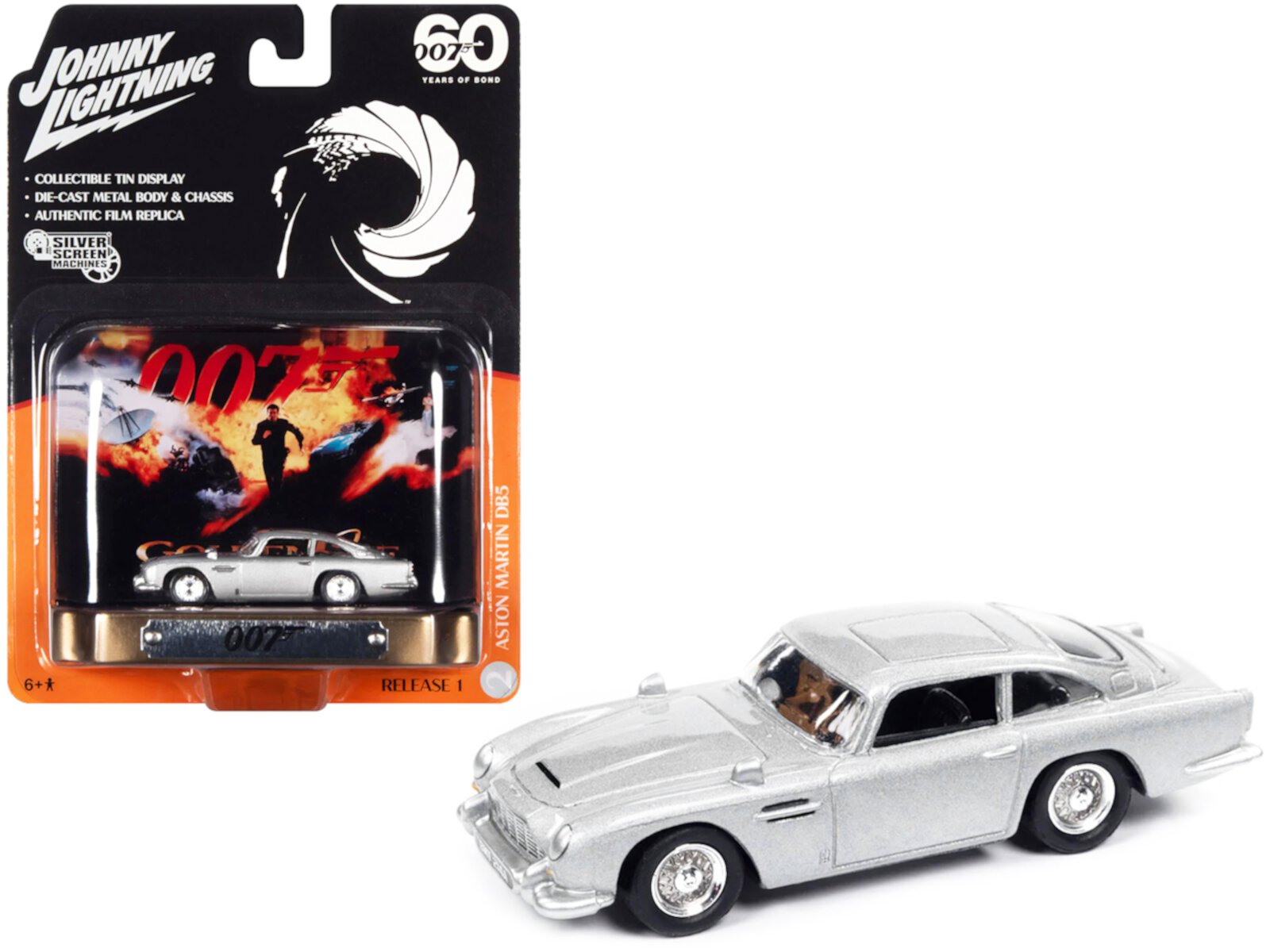 Aston Martin DB5 RHD Silver Met. 007 James Bond "GoldenEye" 1995 Movie w/Tin Display 1/64 Diecast Model Car by Johnny Lightning Johnny Lightning