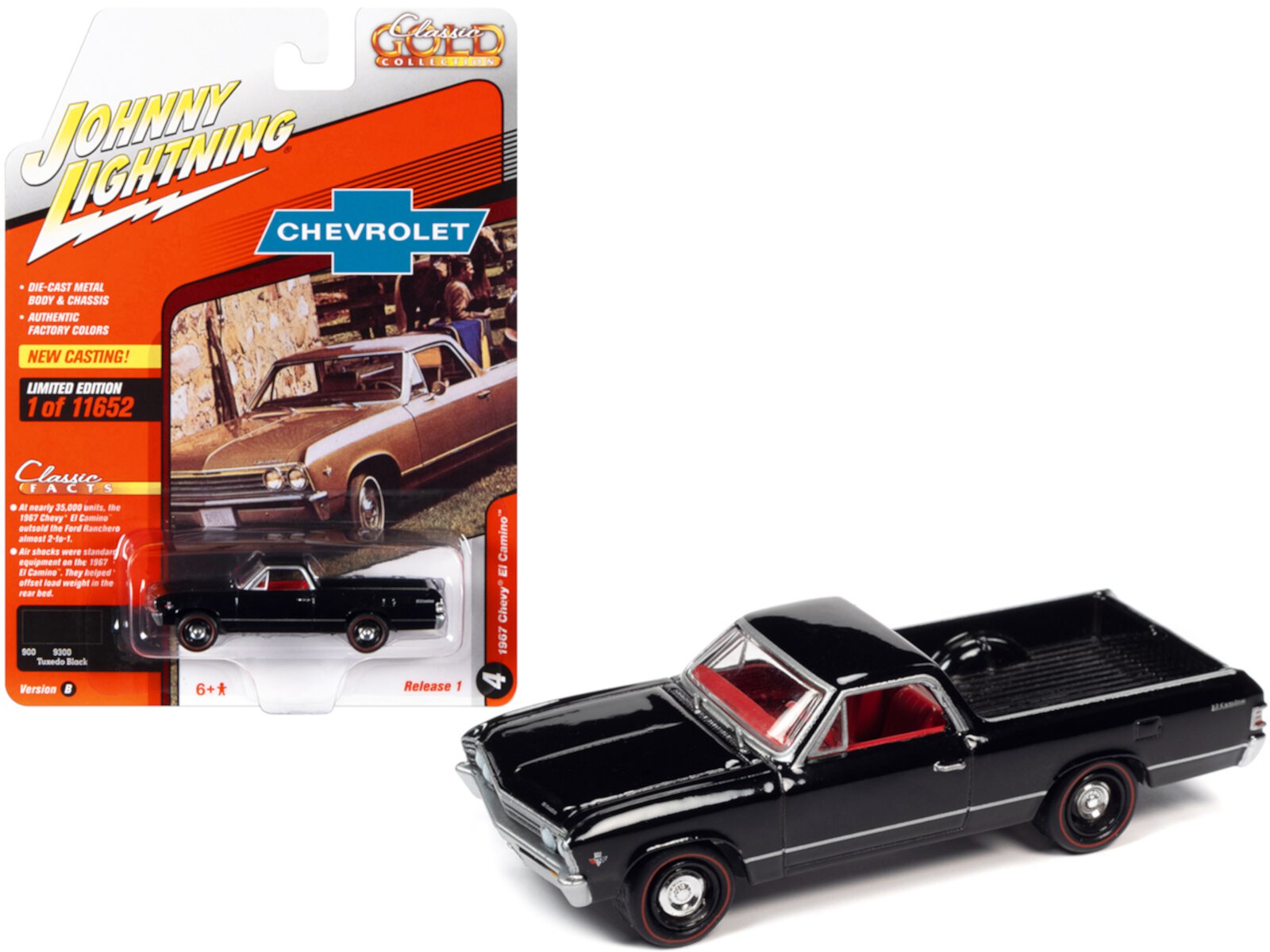 1967 Chevrolet El Camino Tuxedo Black with Red Interior Ltd Ed to 11652 pcs 1/64 Diecast Model Car by Johnny Lightning Johnny Lightning