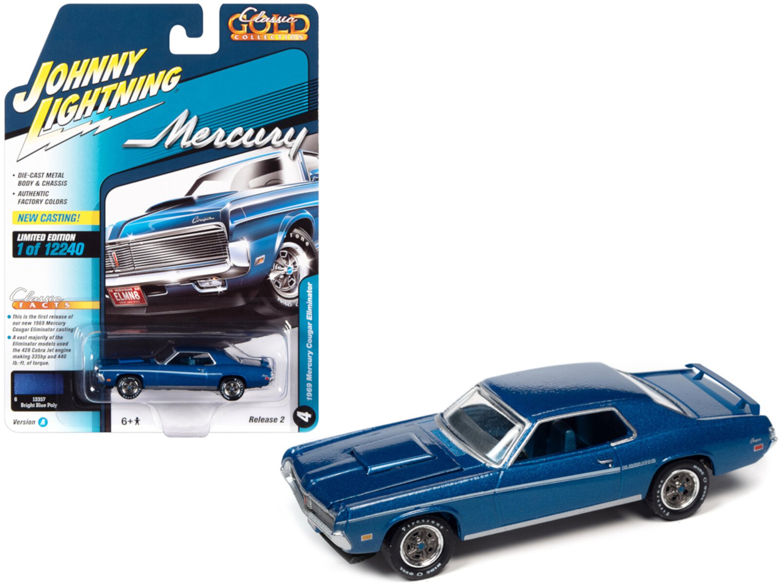 1969 Mercury Cougar Eliminator Bright Blue Met. w/White Stripes Ltd Ed to 12240 pcs 1/64 Diecast Model Car by Johnny Lightning Johnny Lightning