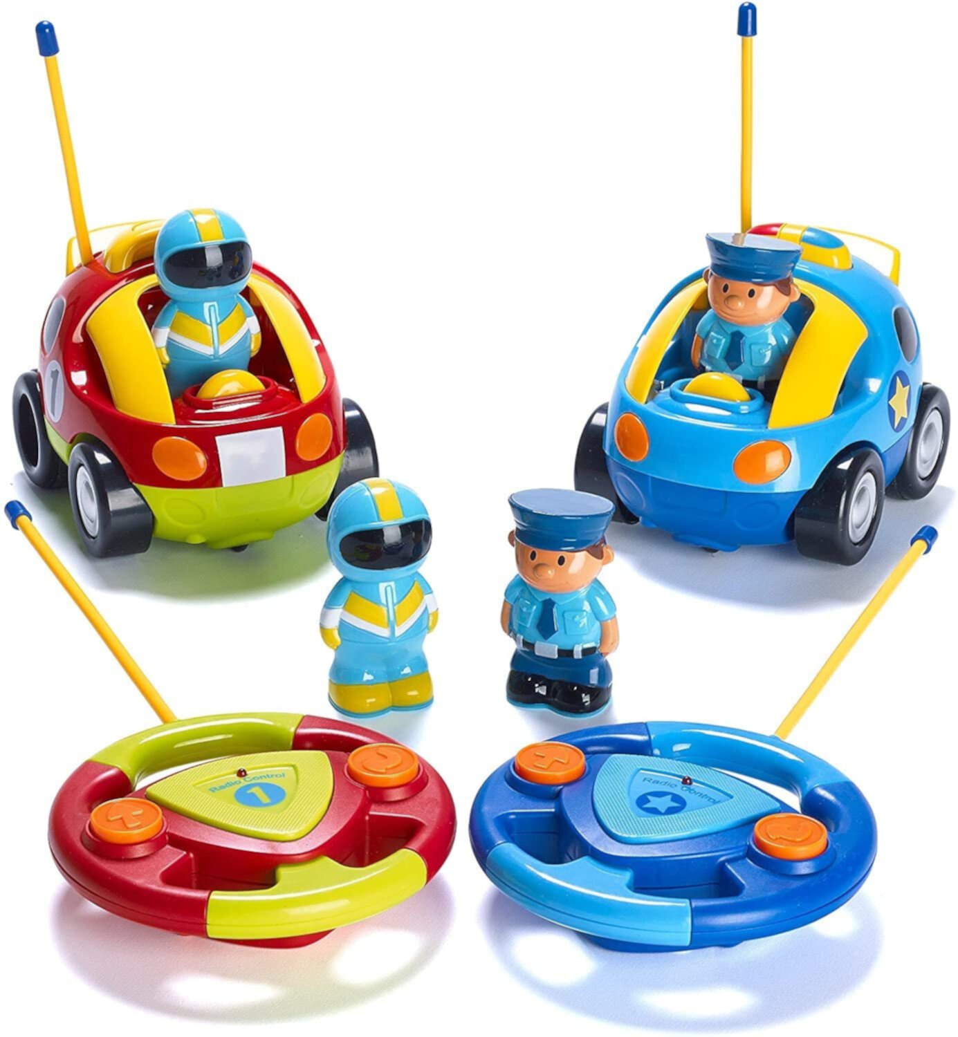 Prextex 2 Pack Cartoon Remote Control Cars | Police Car and Race Car - RC Toys for Kids, Boys, & Girls - Each with Different Frequencies So Both Can Race Together - Gifts for Toddler Boys Ages 2-4 Prextex