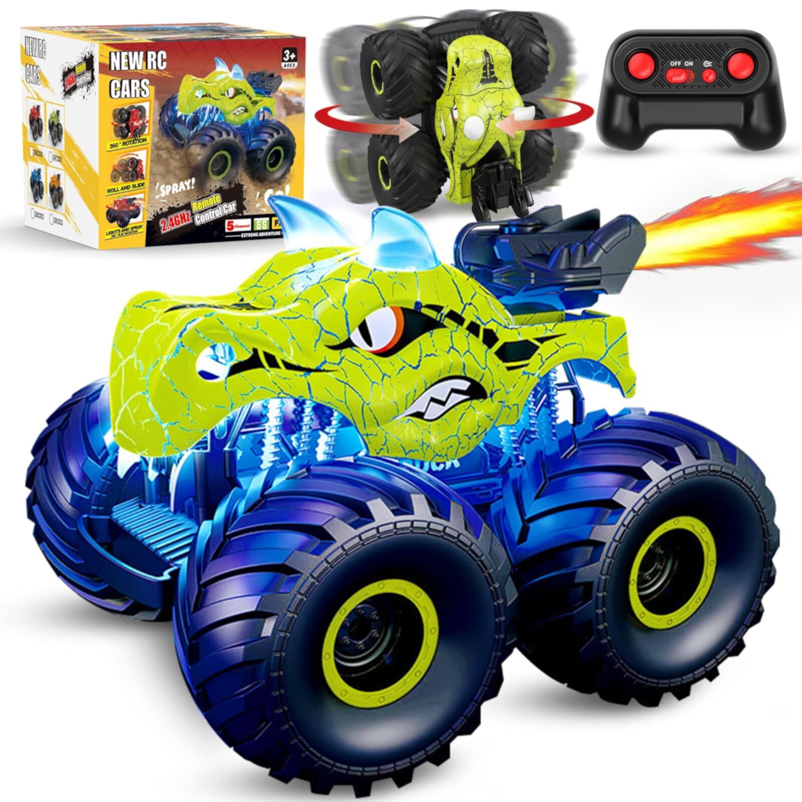 JBeeCtrl Remote Control Car 2.4GHz 360° Rotating RC Monster Trucks for Boys with Spray, Light & Sound Dinosaur Toys for Kids Boys 3 4 5 6 7 8 Christmas Birthday Gift（Green） JBeeCtrl