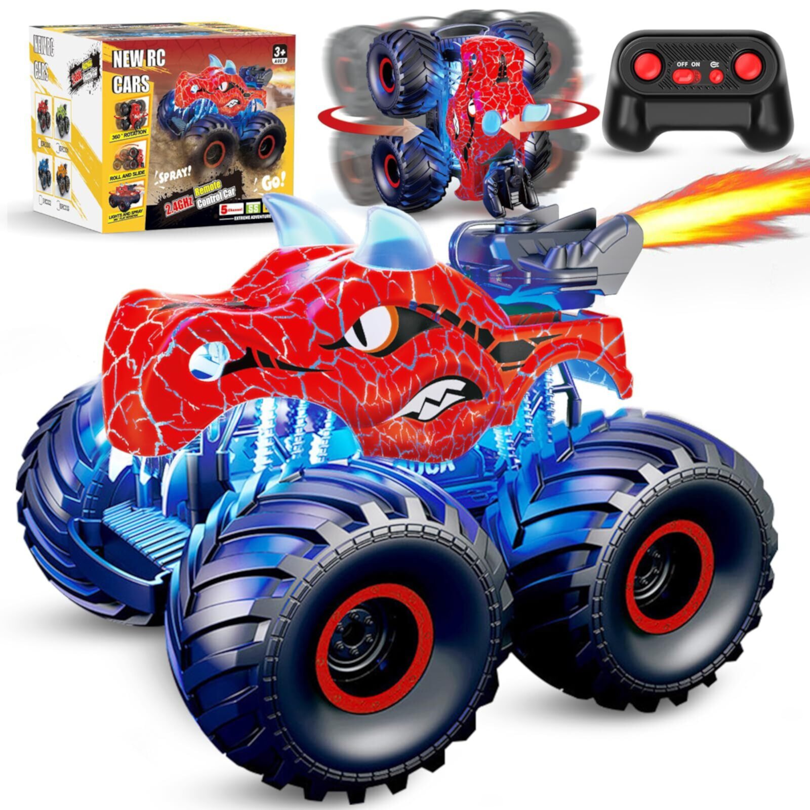 JBee Ctrl Remote Control Car 2.4GHz 360° Rotating RC Monster Trucks for Boys with Spray, Light & Sound Dinosaur Toys for Kids Boys 3 4 5 6 7 8 Christmas Birthday Gift（Red） JBeeCtrl