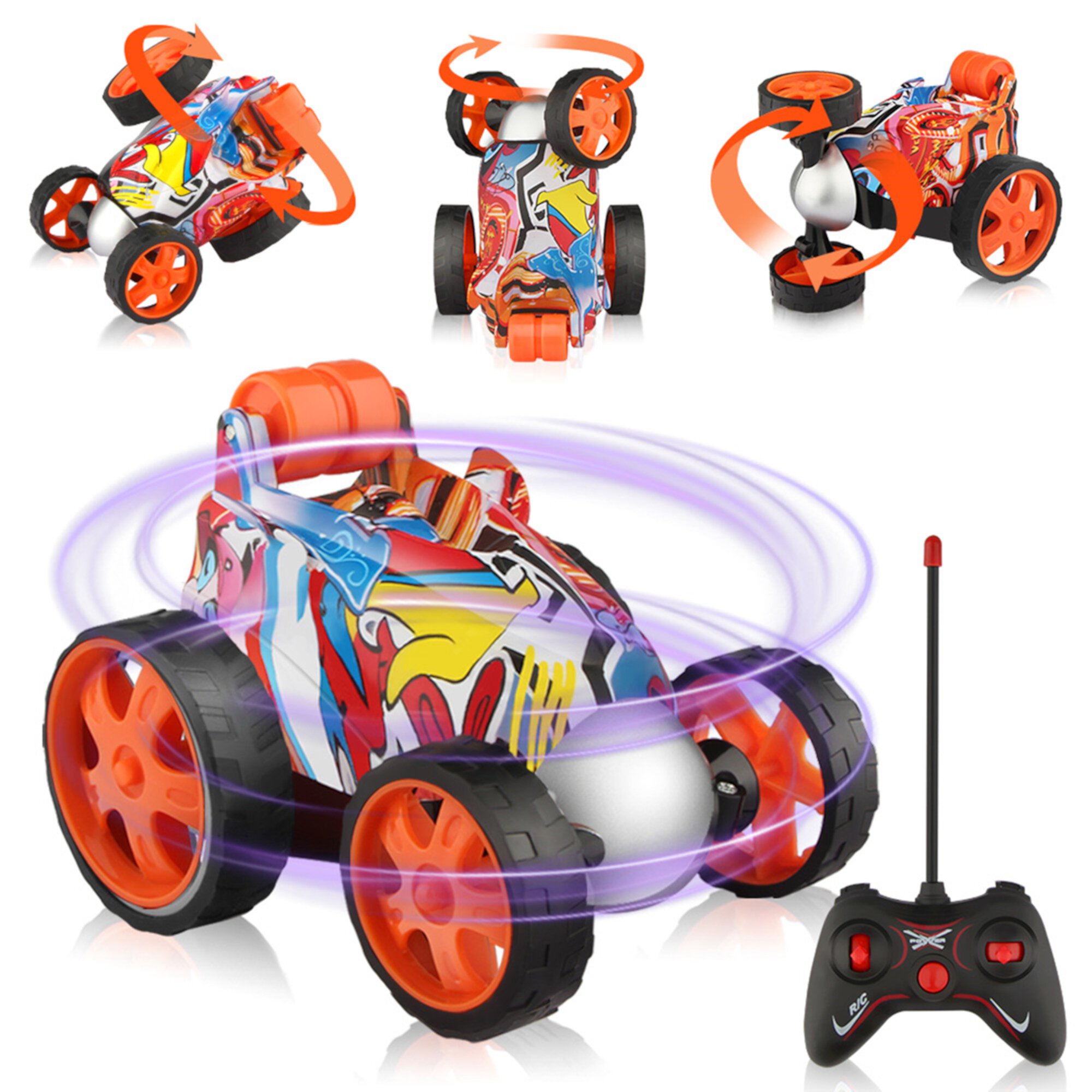 Wupuaait RC Roller Car, Remote Control 360° 4WD Stunt Toy Car Xmas Gift for 3-12 Years Old Kids, Boys and Girls, Orange Wupuaait