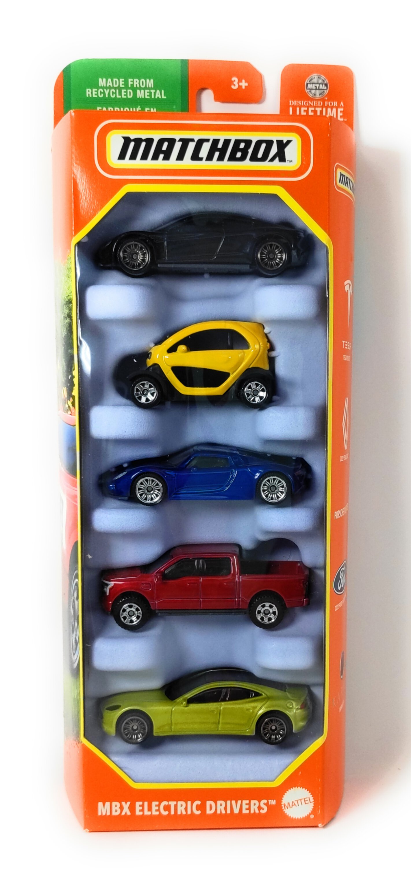 Matchbox E Drivers 5 Pack Tesla Roadster, Renault Twizy, Porsche 918 Spyder, F-150 Lightning, Karma GS-6 1:64 Scale Toy Vehicles Matchbox