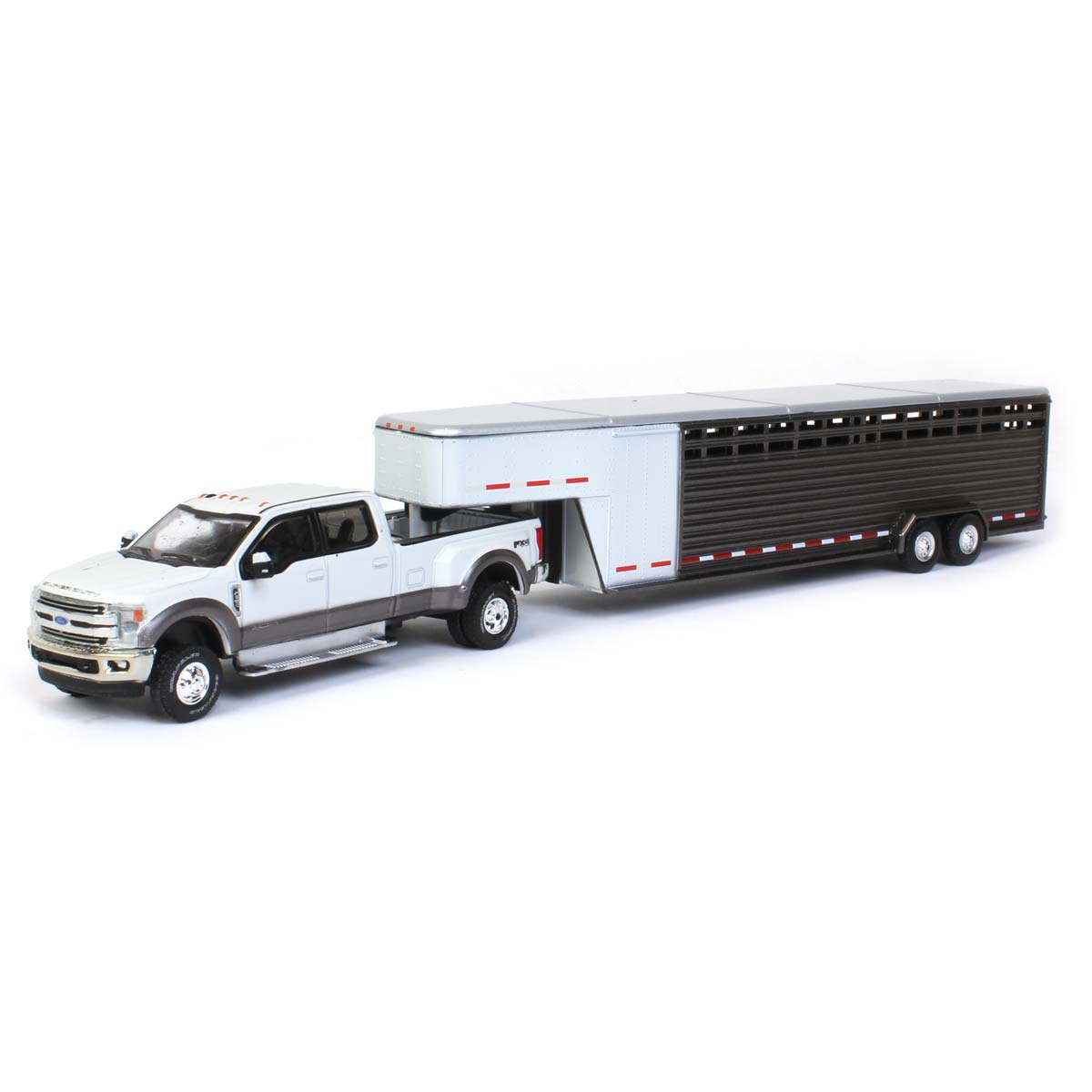 1/64 2018 Ford F-350, White Platinum w/ Gray Gooseneck Livestock Trailer 51301-A Greenlight