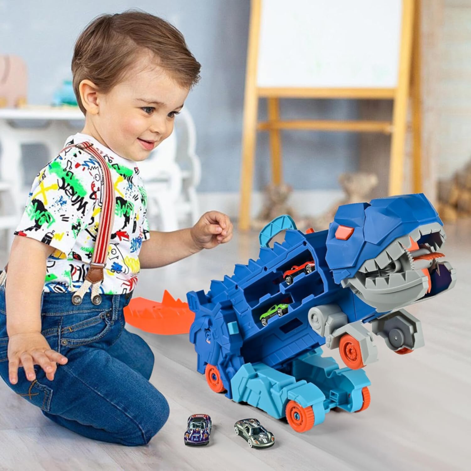 Toddler Truck Toys for 3 4 5 6 Years Old Boys, Toys Cars Track Set Dinosaur Transporter Truck with 10 Die-Cast Car Toys, Transforms into Dino, Toddler Car Toys Set for Kids Boys Girls ANTIC DUCK