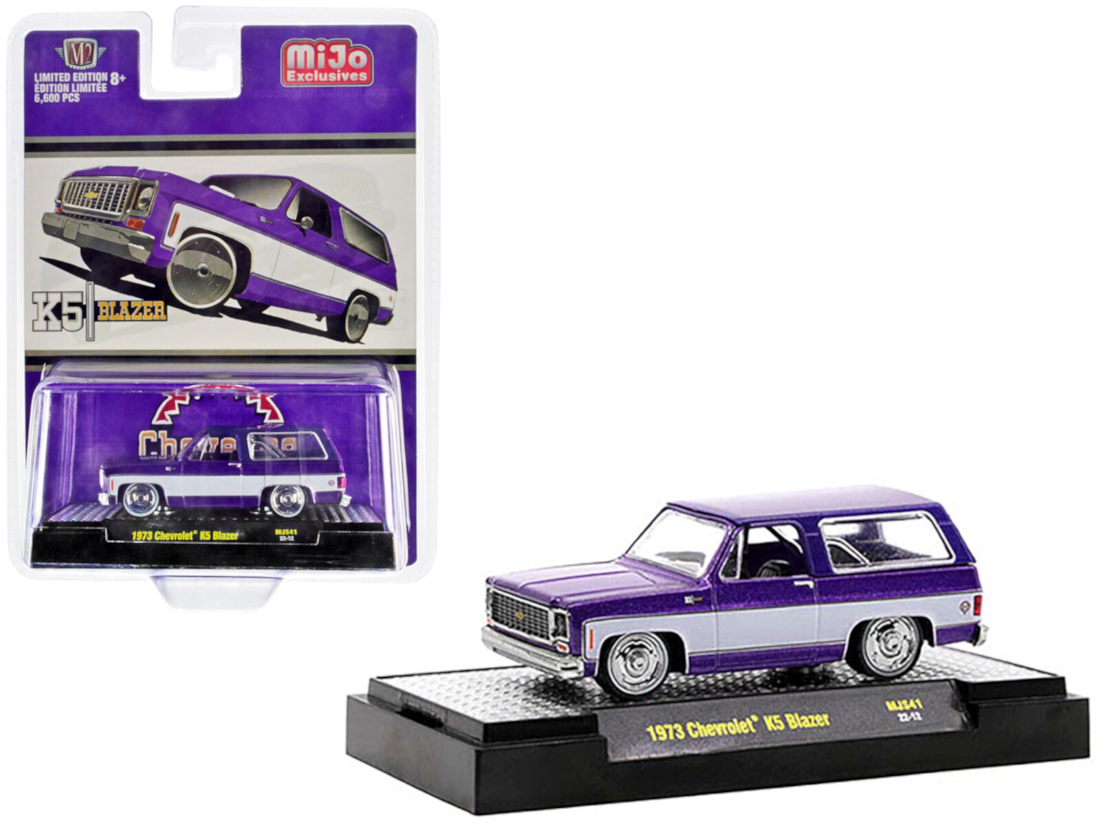 Diecast 1973 Chevrolet K5 Blazer Purple Metallic and White Limited Edition to 6600 pieces Worldwide 1/64 Diecast Model Car by M2 Machines M2 Machines