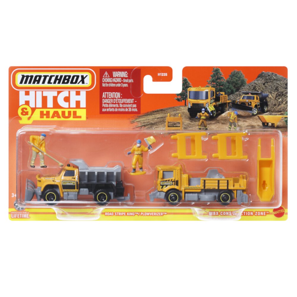 Matchbox Collectible Die-Cast Metal Vehicle Hitch & Haul Set - HVP28 ~ MBX Construction Zone ~ Road Stripe King and Plowverizer Dumptruck ~ Includes 2 Figures and Accessories Matchbox