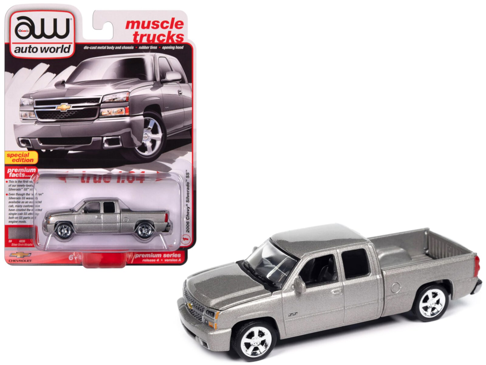 2006 Chevrolet Silverado SS Pickup Truck Silver Birch Metallic "Muscle Trucks" Series 1/64 Diecast Model Car by Auto World Auto World