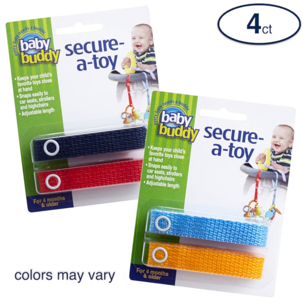 Baby Buddy Secure-A-Toy Strap Secures Toys, Teether, or Pacifier to Stroller, Highchair, Car Seat, Unisex Colors,4 Count Baby Buddy