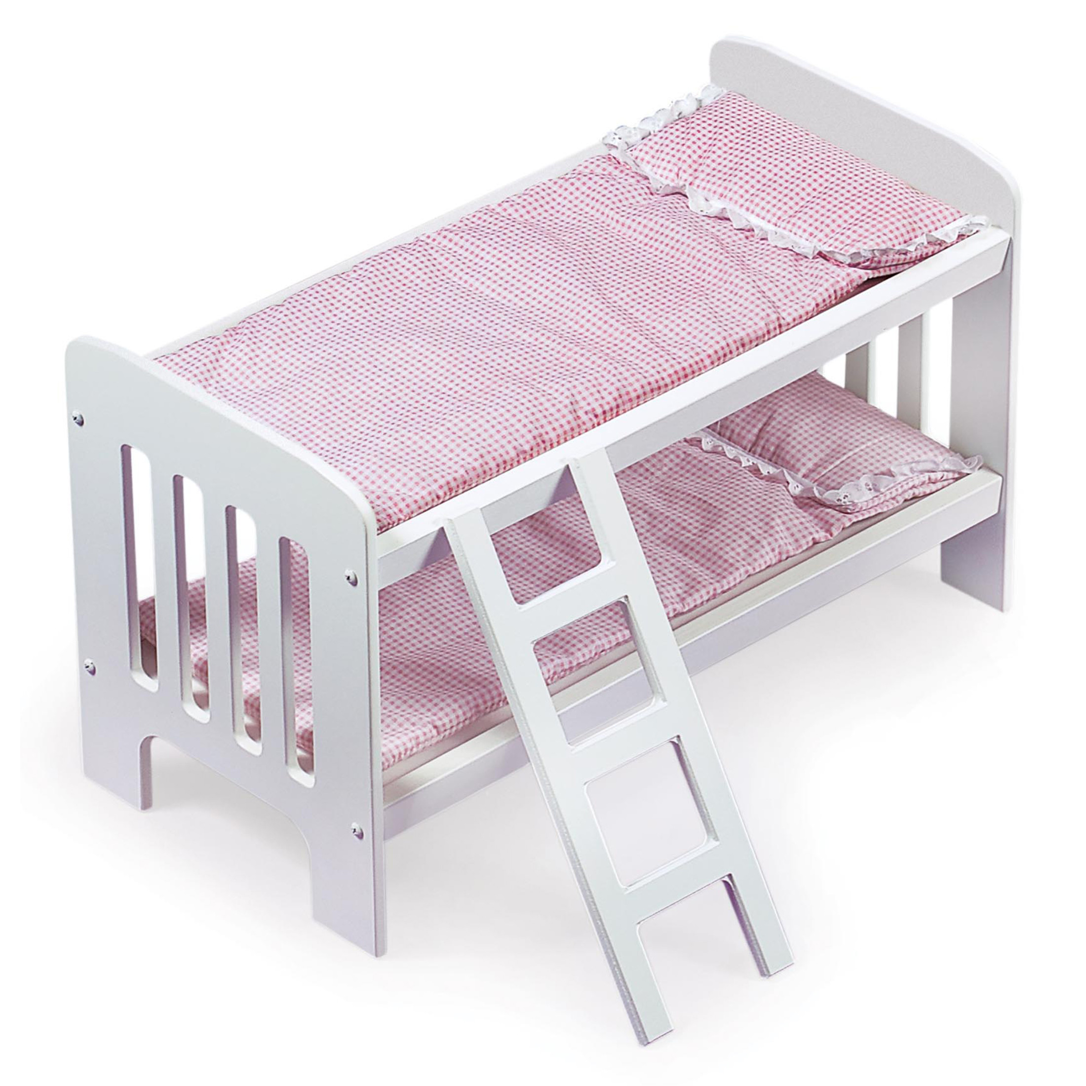 Doll Bunk Bed with Bedding, Ladder, and Free Personalization Kit - White/Pink/Gingham Badger Basket