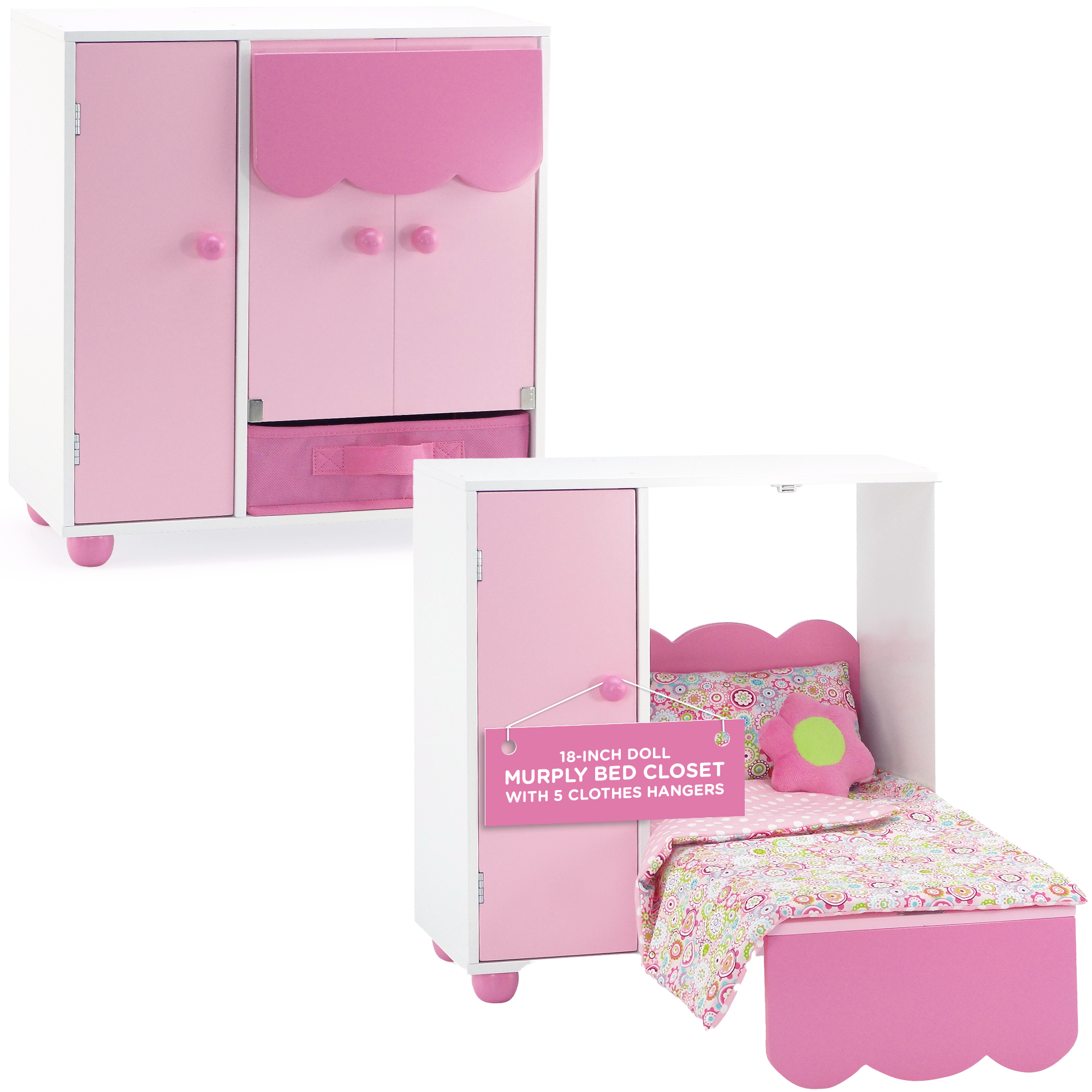 Emily Rose 18 Inch Doll Furniture All in One Space Saving Murphy 18" Doll Bed with Doll Clothes Closet and Clothing Storage Bin  (Mom's Choice Award Winner!) | Fits 18" American Girl and Similar Dolls Emily Rose