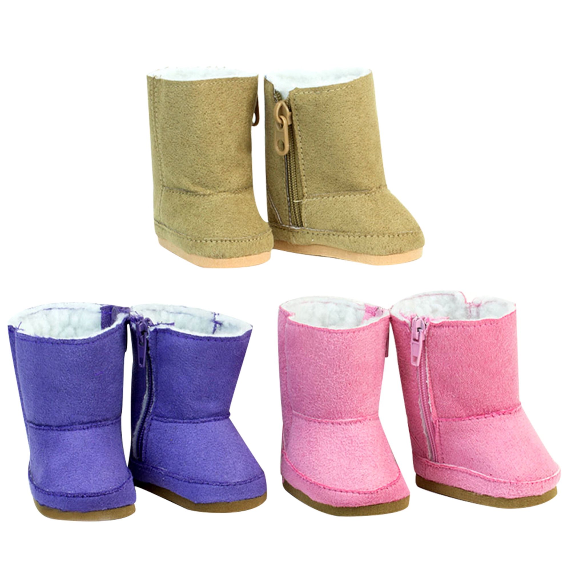 Sophia's 3-Pack of Faux Suede Zip Boots with Fur Lining - Pink, Purple and Tan - for 18" Dolls Sophia's