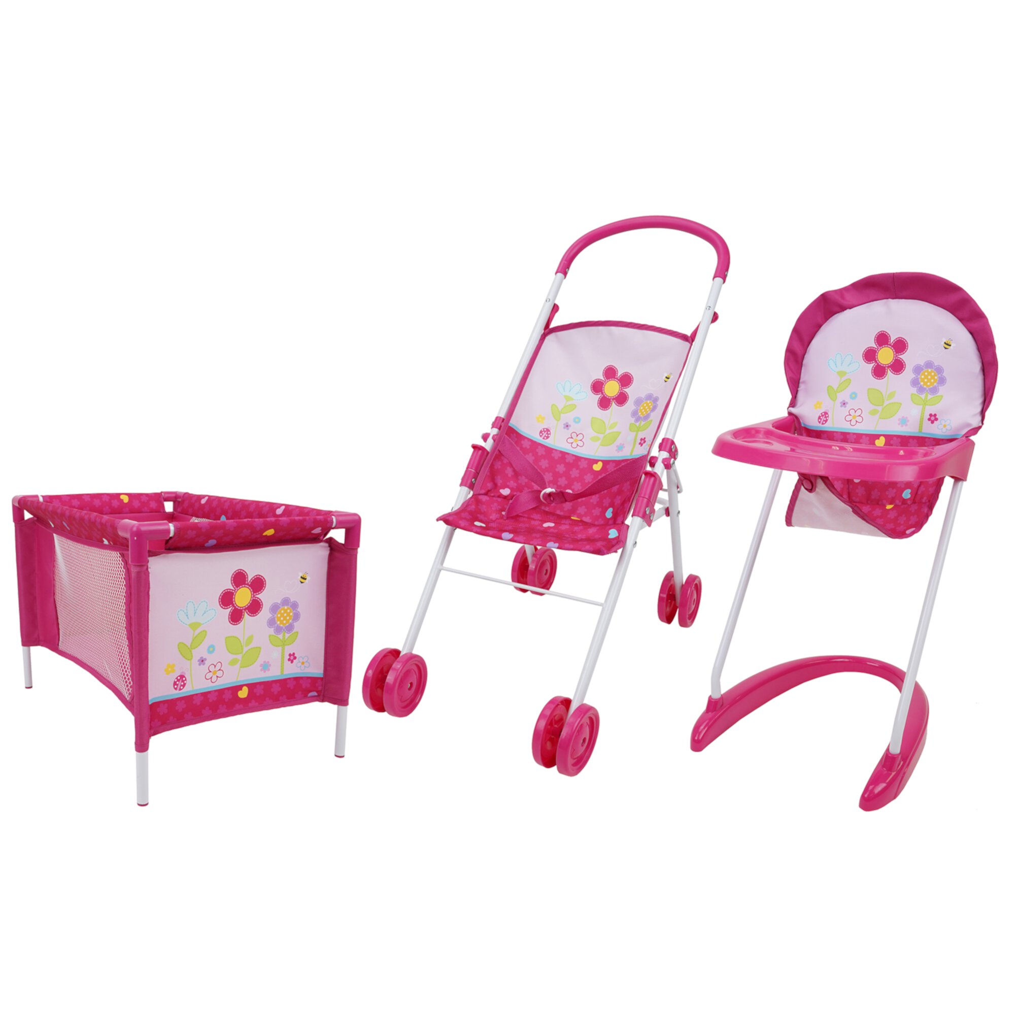 509 Crew Garden 3 Piece Stroll n' Care Doll Play Set- W/ Half Folding Stroller, Play Yard & Highchair, Ages 3+ 509 Crew