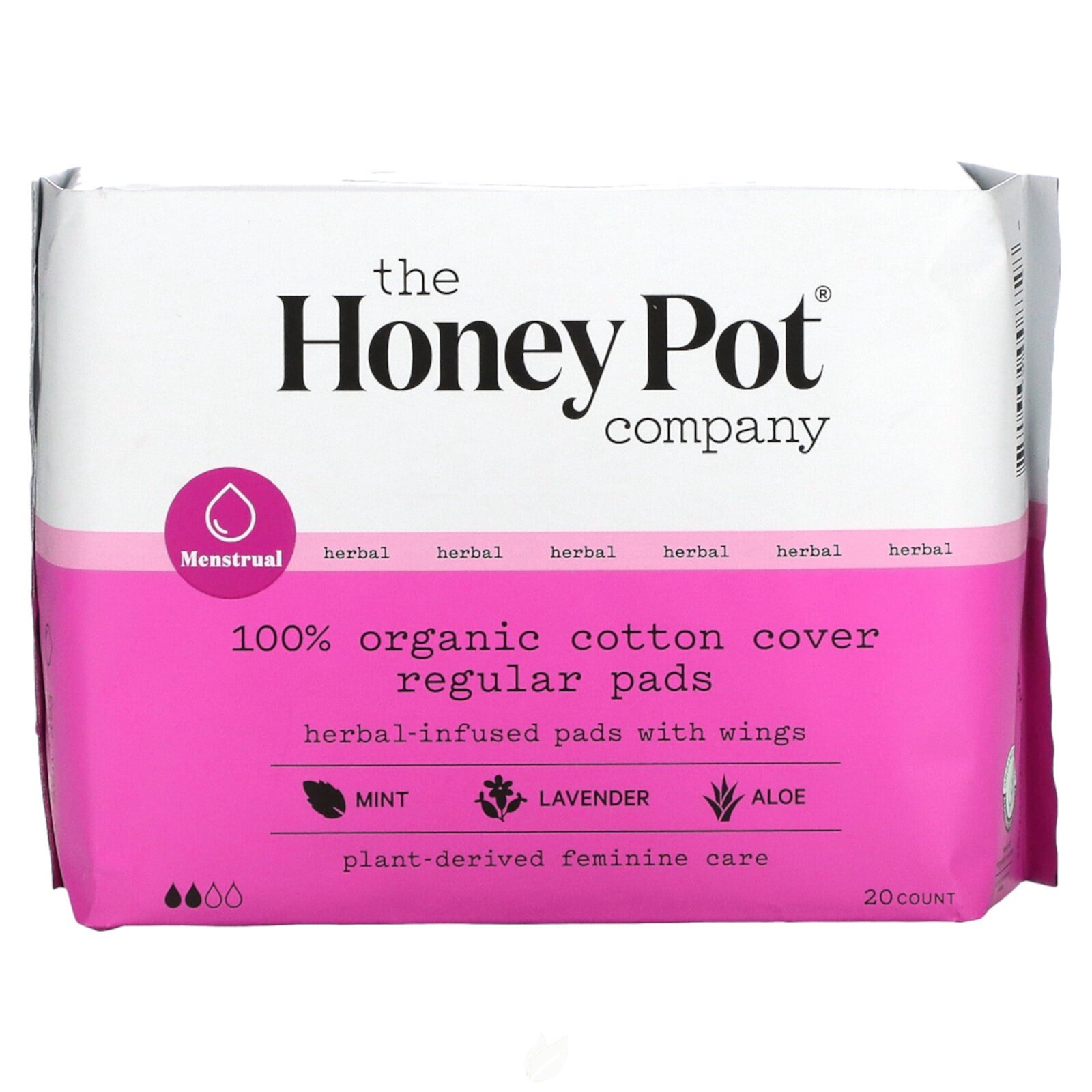 The Honey Pot Company, Organic Regular Herbal-Infused Pads With Wings, 20 Count The Honey Pot Company