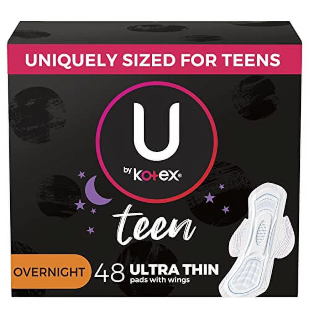 U by Kotex Ultra Thin Teen Feminine Pads with Wings, Overnight Protection, Unscented, 48 Count (4 Packs of 12) (Packaging May Vary) Kotex